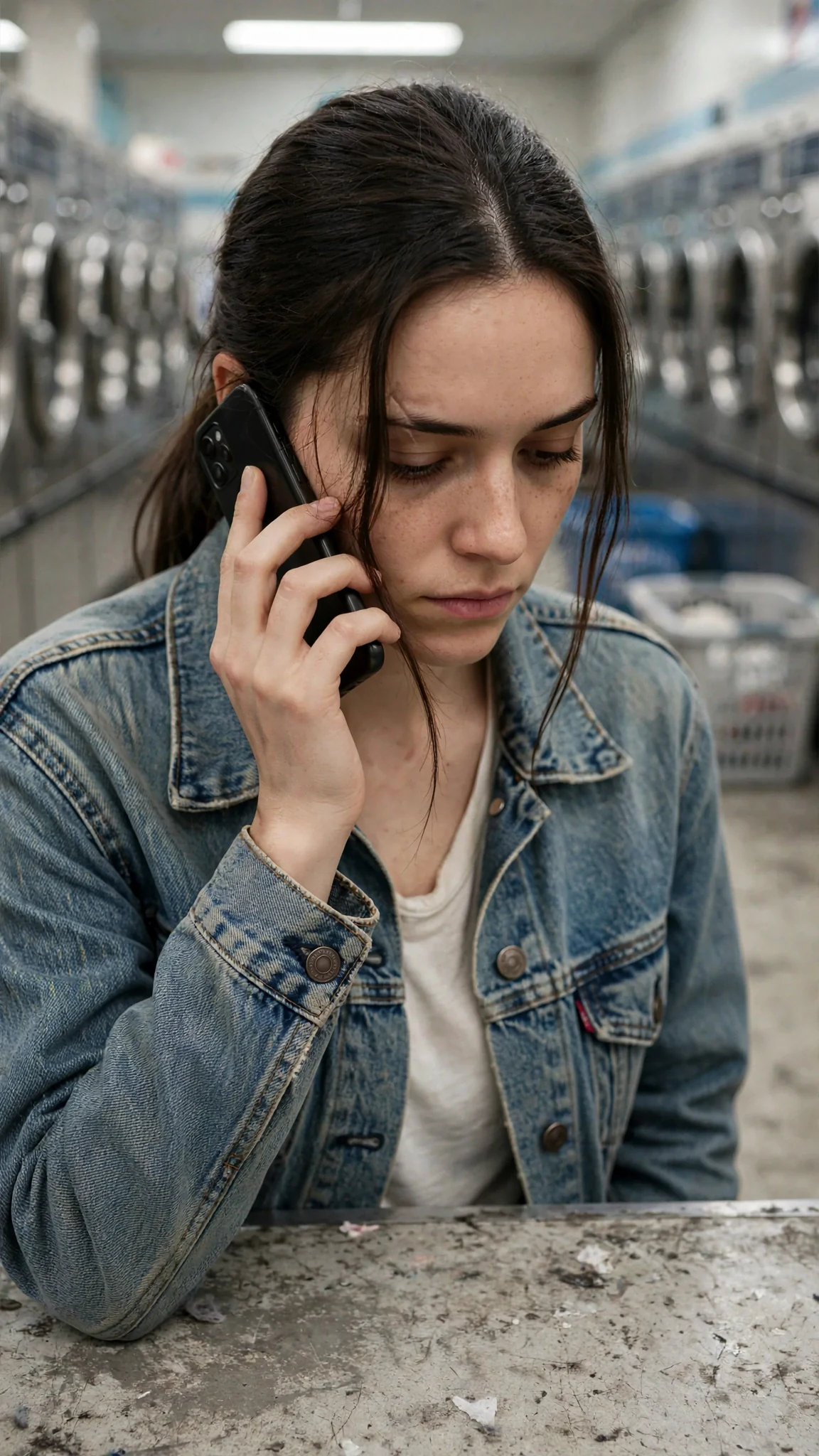 The woman looks down at the floor, phone still at her ear, jaw clenched.