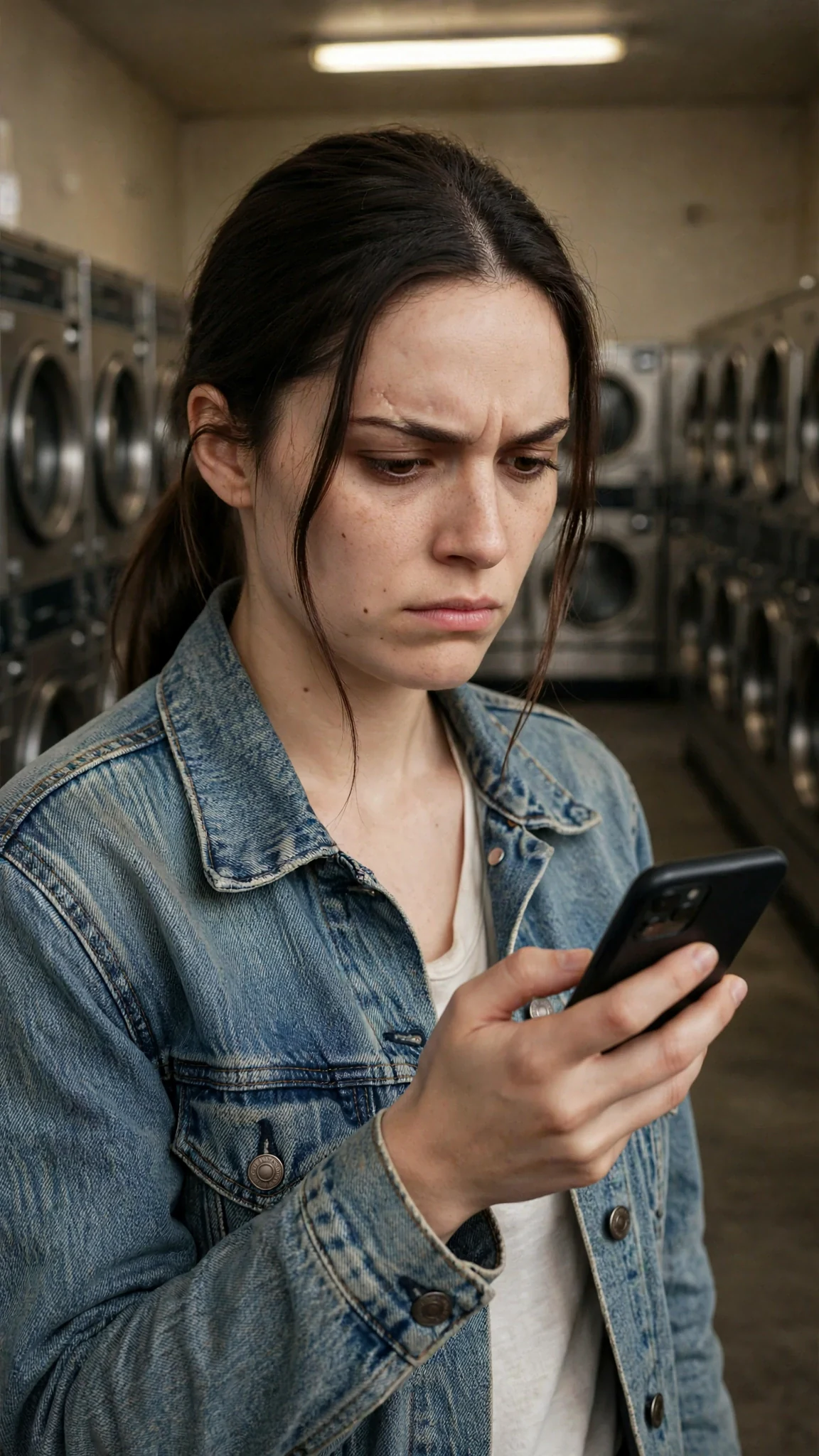 The woman ends the call and stares at the phone in her hand.