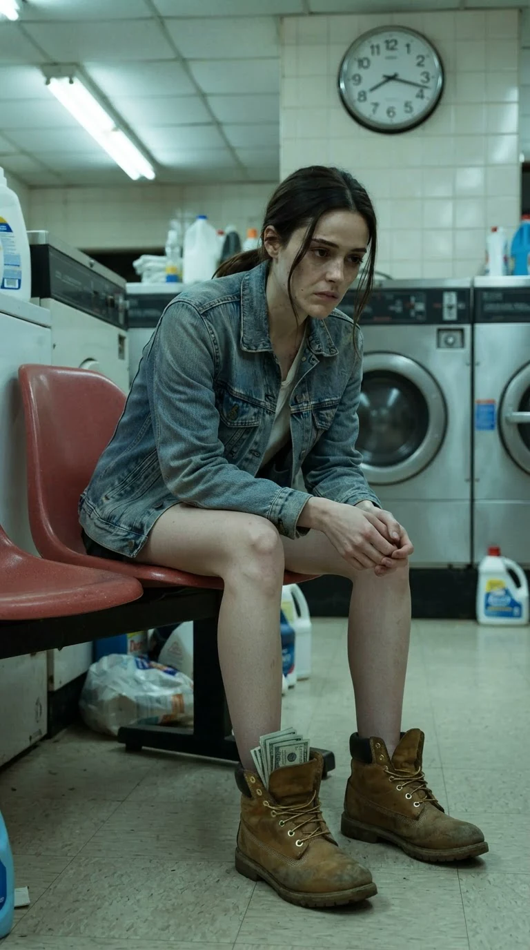 The woman looks from her boot to the laundromat clock, torn.