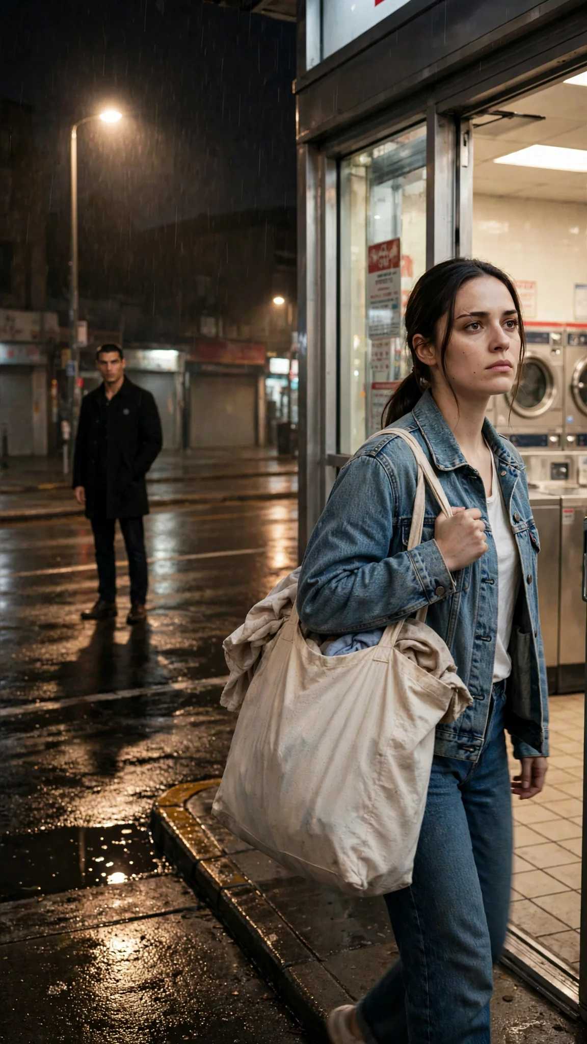 The woman steps out of the laundromat and sees a tall man across the street.