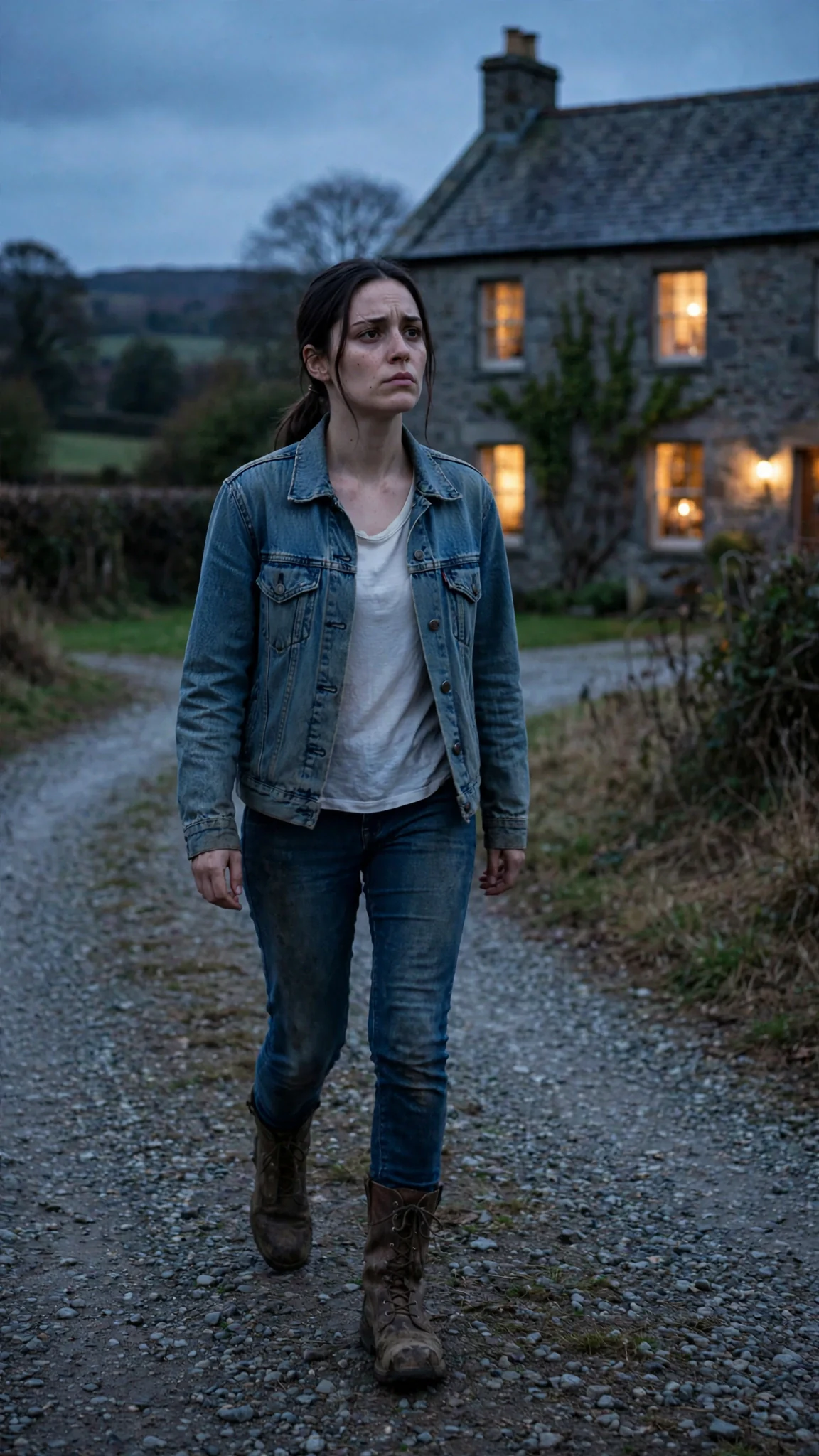 A young woman in a denim jacket walks up a gravel drive toward a large gray stone house with lit windows at dusk.
