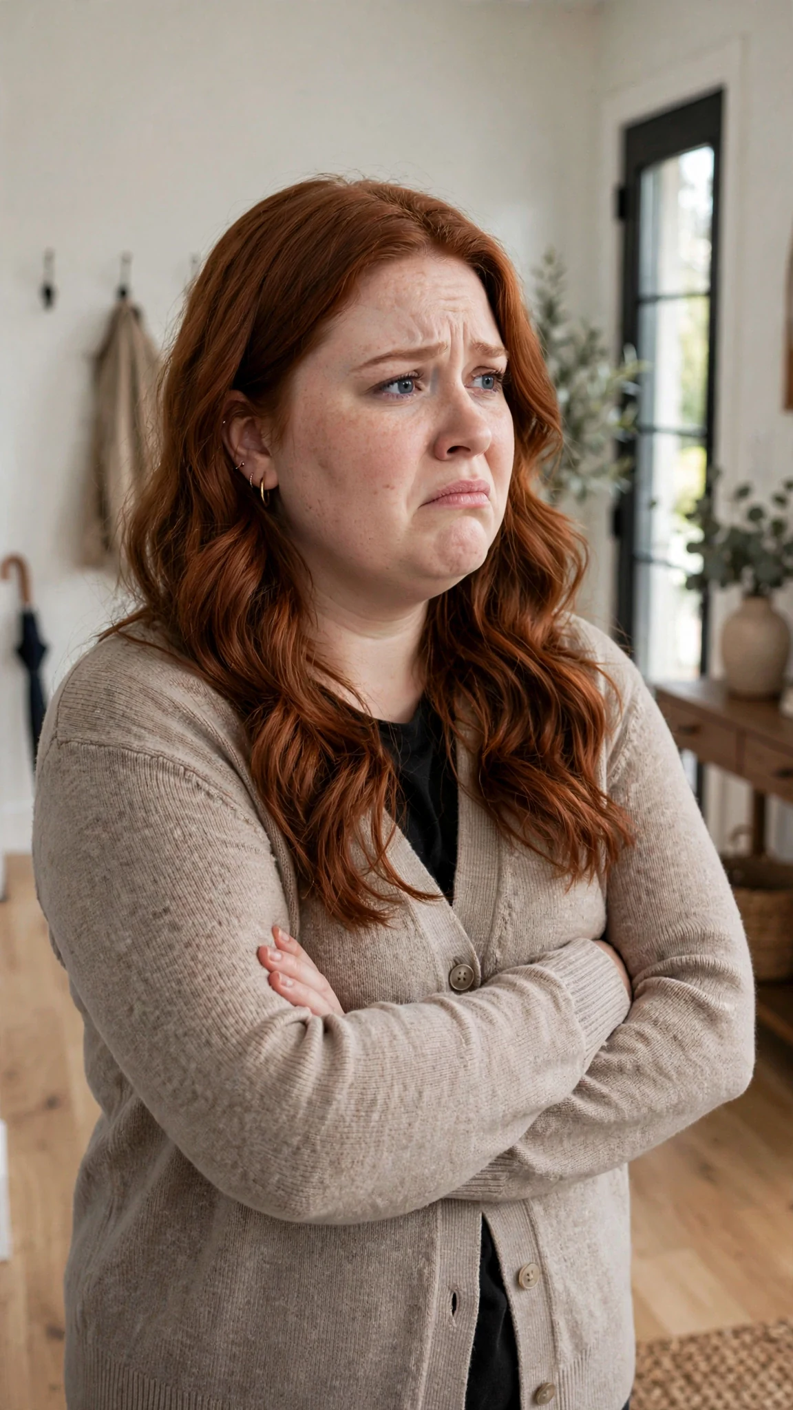 Perrin stands in a bright entry hall in a neat cardigan, hugging herself, anxious.