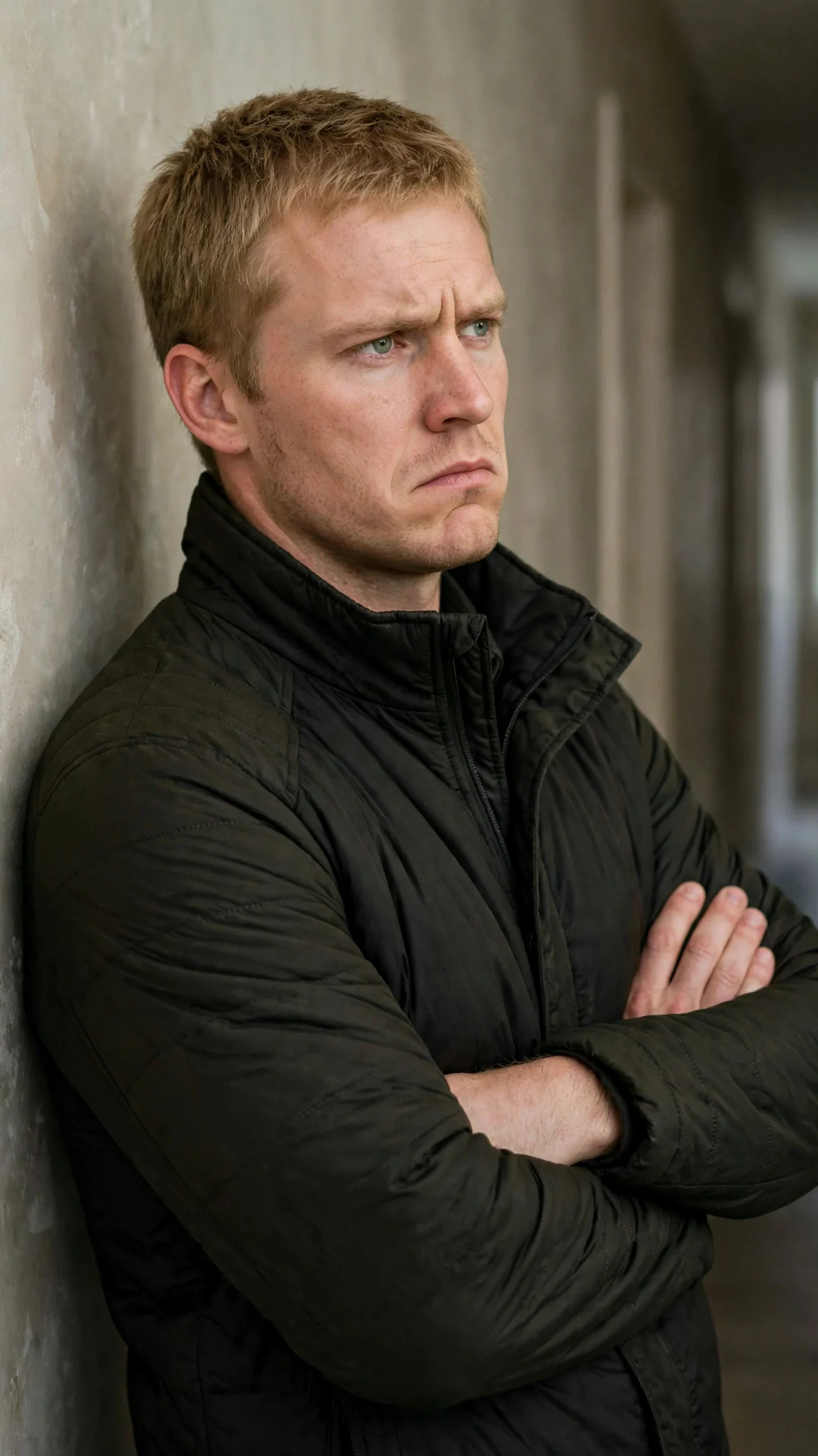 A broad-shouldered man in a pack guard jacket stands in the hall with his arms crossed, frowning.