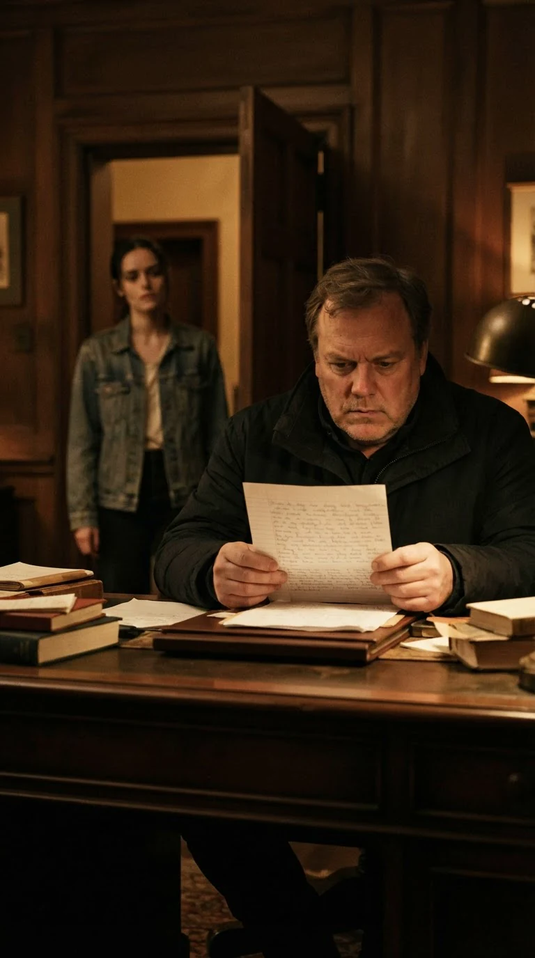 Roderick sits at a dark wood desk in a study, reading a sheet of paper, not looking up.
