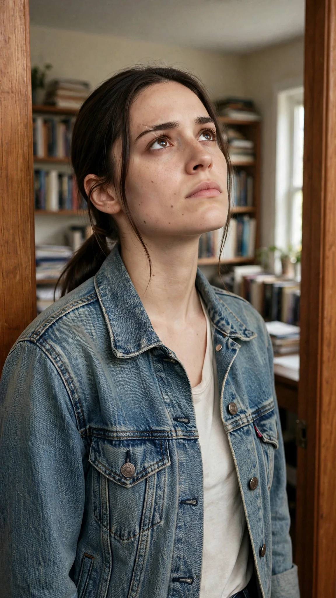 Close shot of Maeve standing in the study doorway, chin up, jaw set.