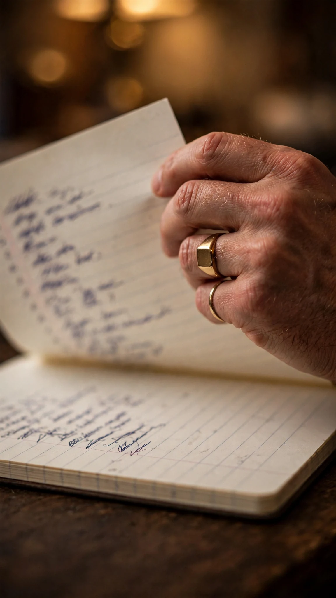A lined page turns on the desk, showing a handwritten list with a name in the middle.