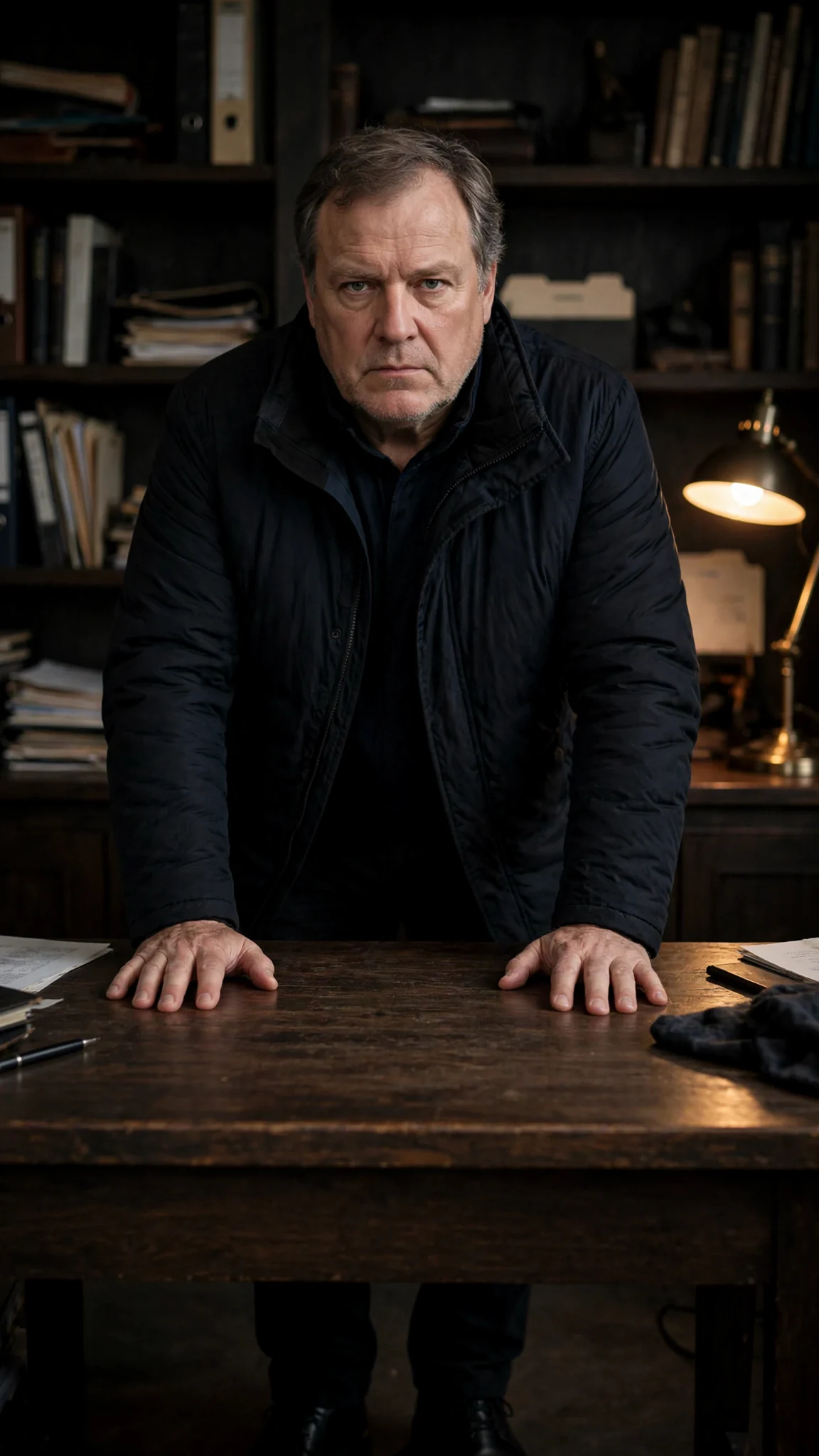 Roderick stands up behind his desk, tall and unmoved, hands flat on the wood.