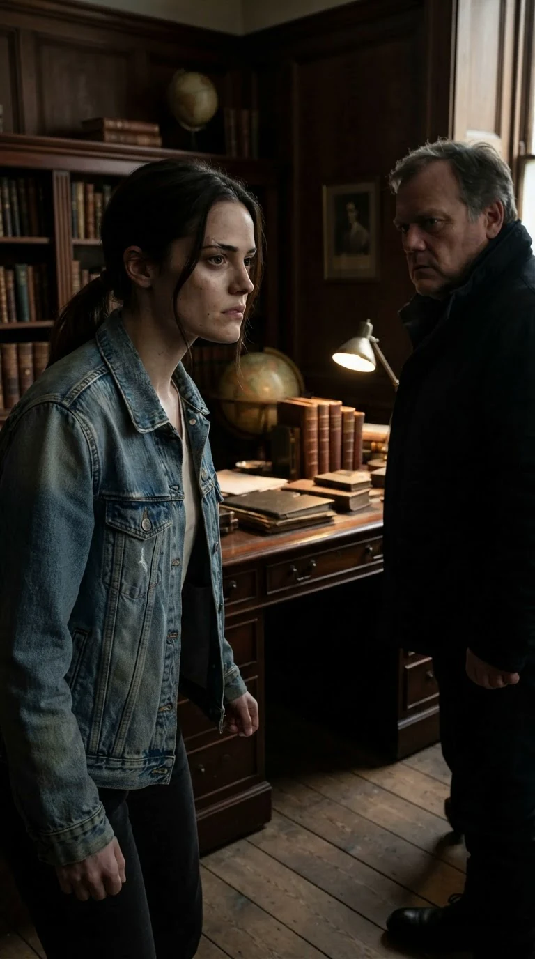 Maeve steps forward into the study, angry, hands loose at her sides.