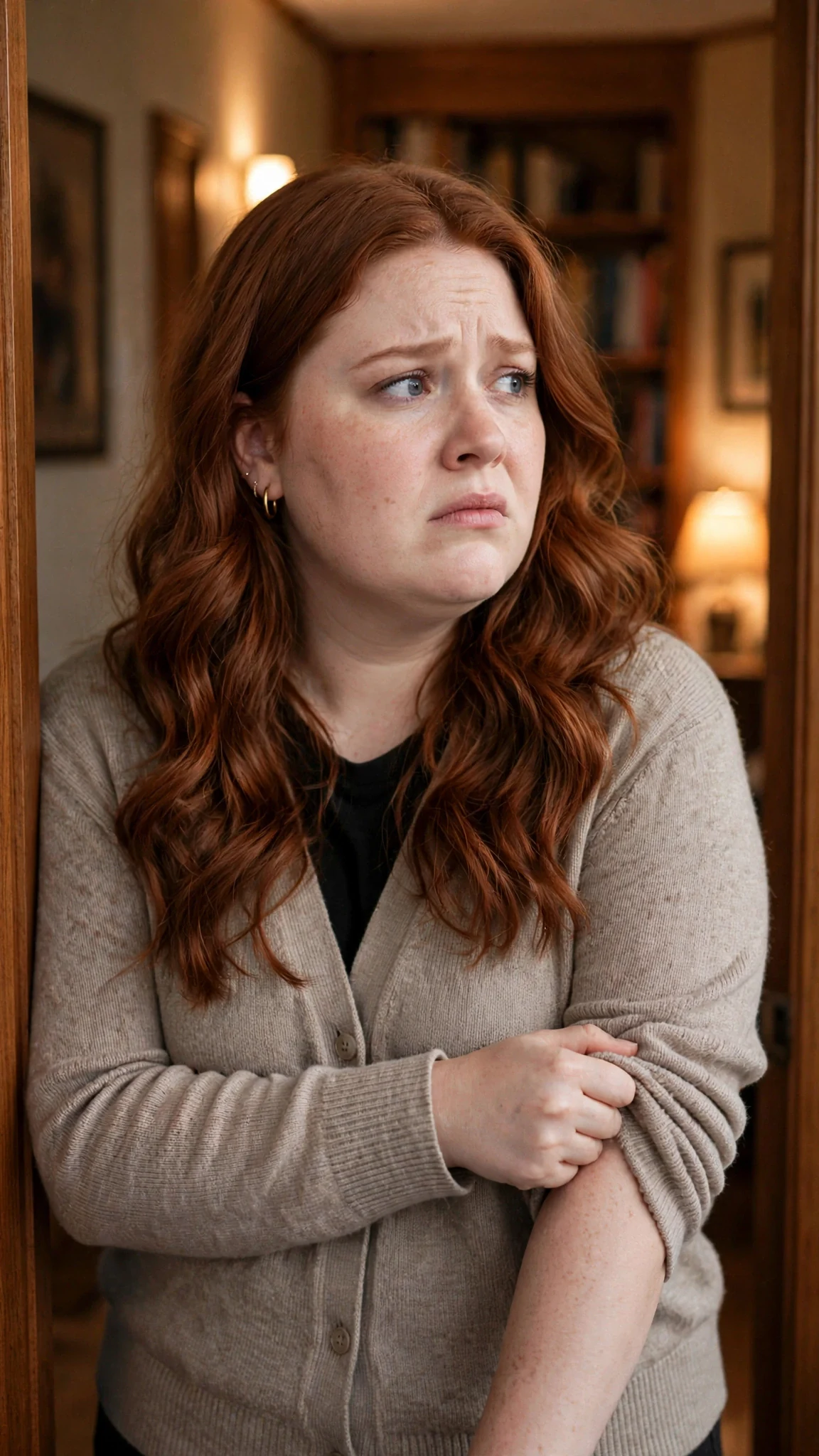 Perrin appears in the doorway, twisting her cardigan sleeve, worried.