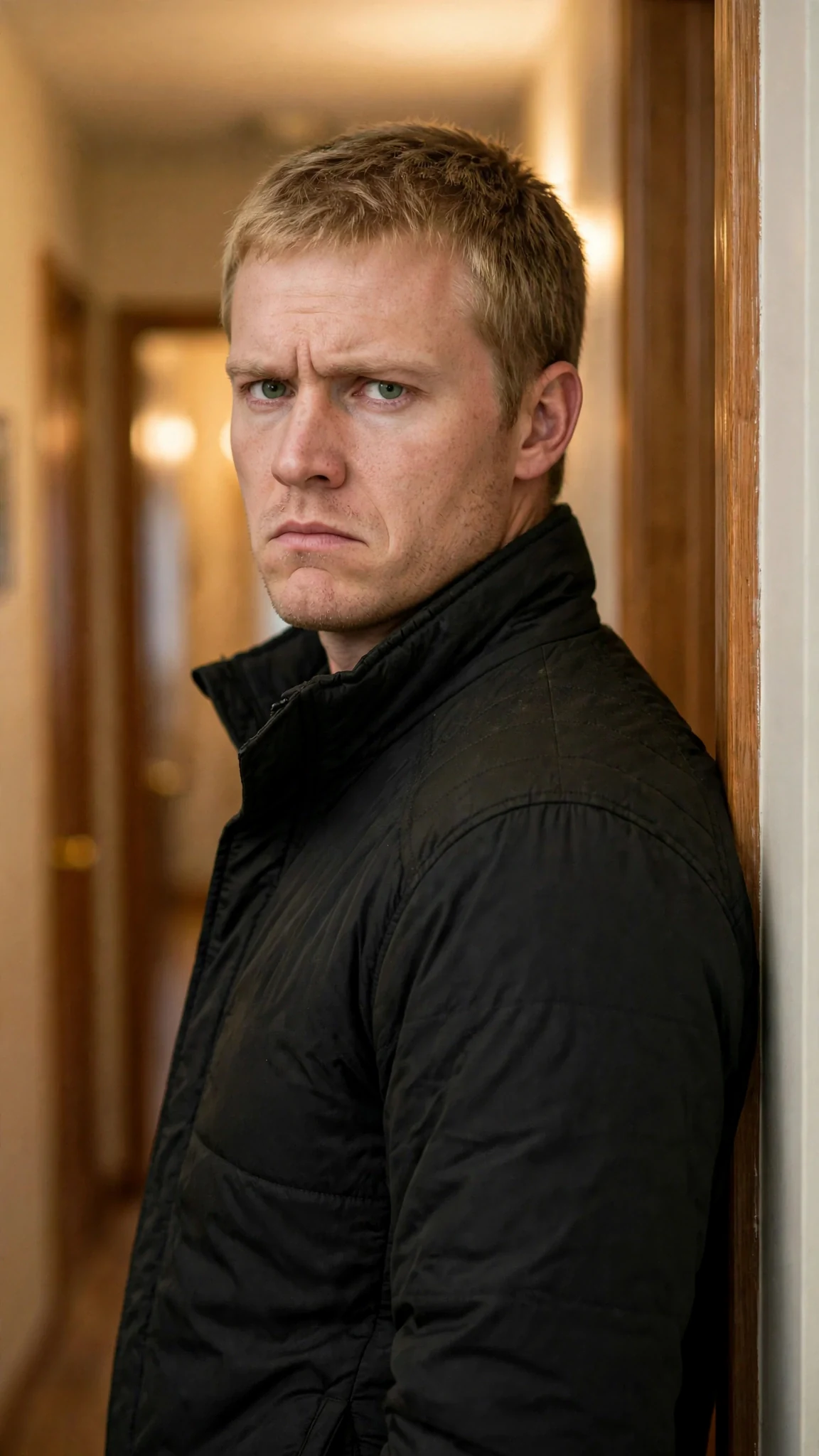 Doyle leans in the doorway with a flat, dismissive expression.