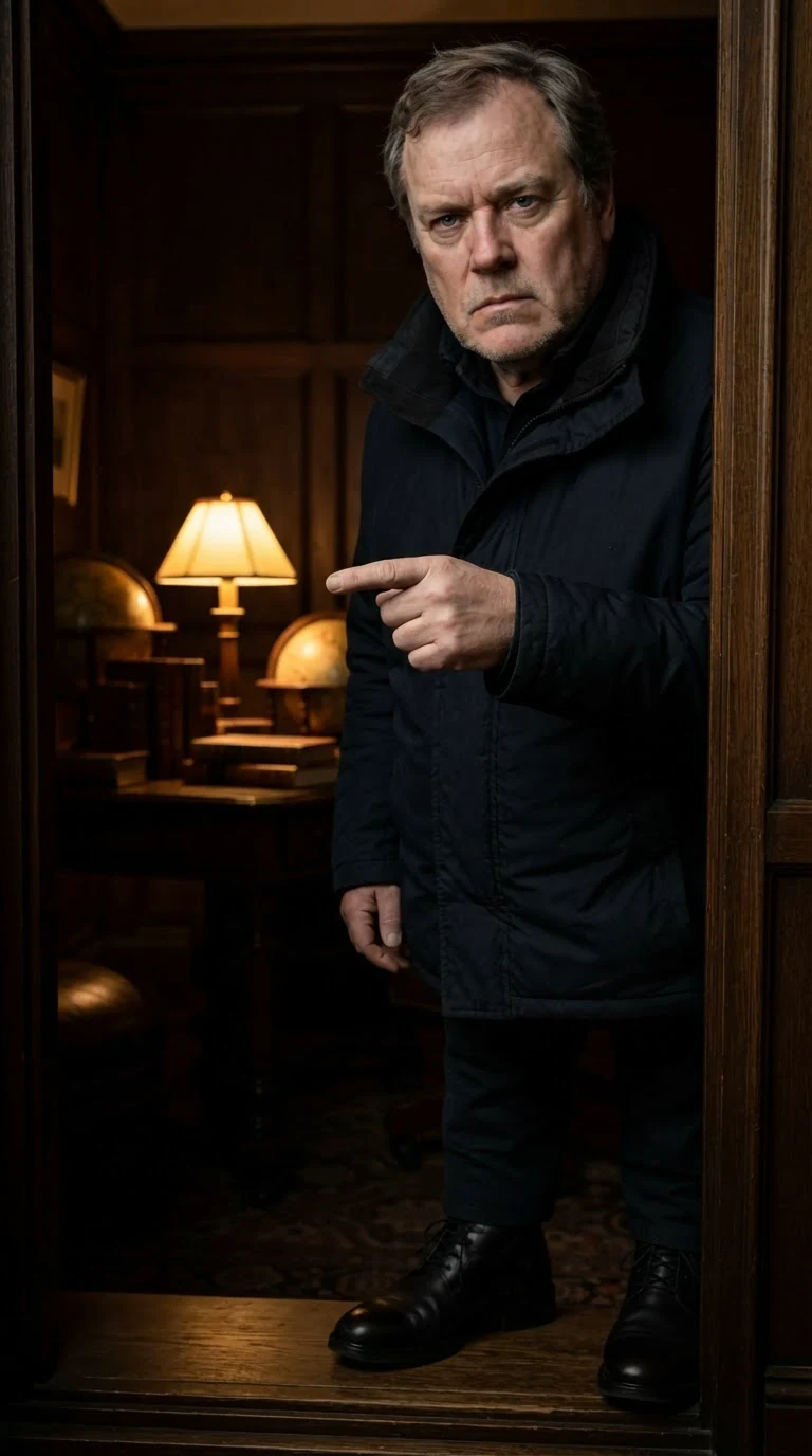 Roderick points a finger at the doorway, giving an order.