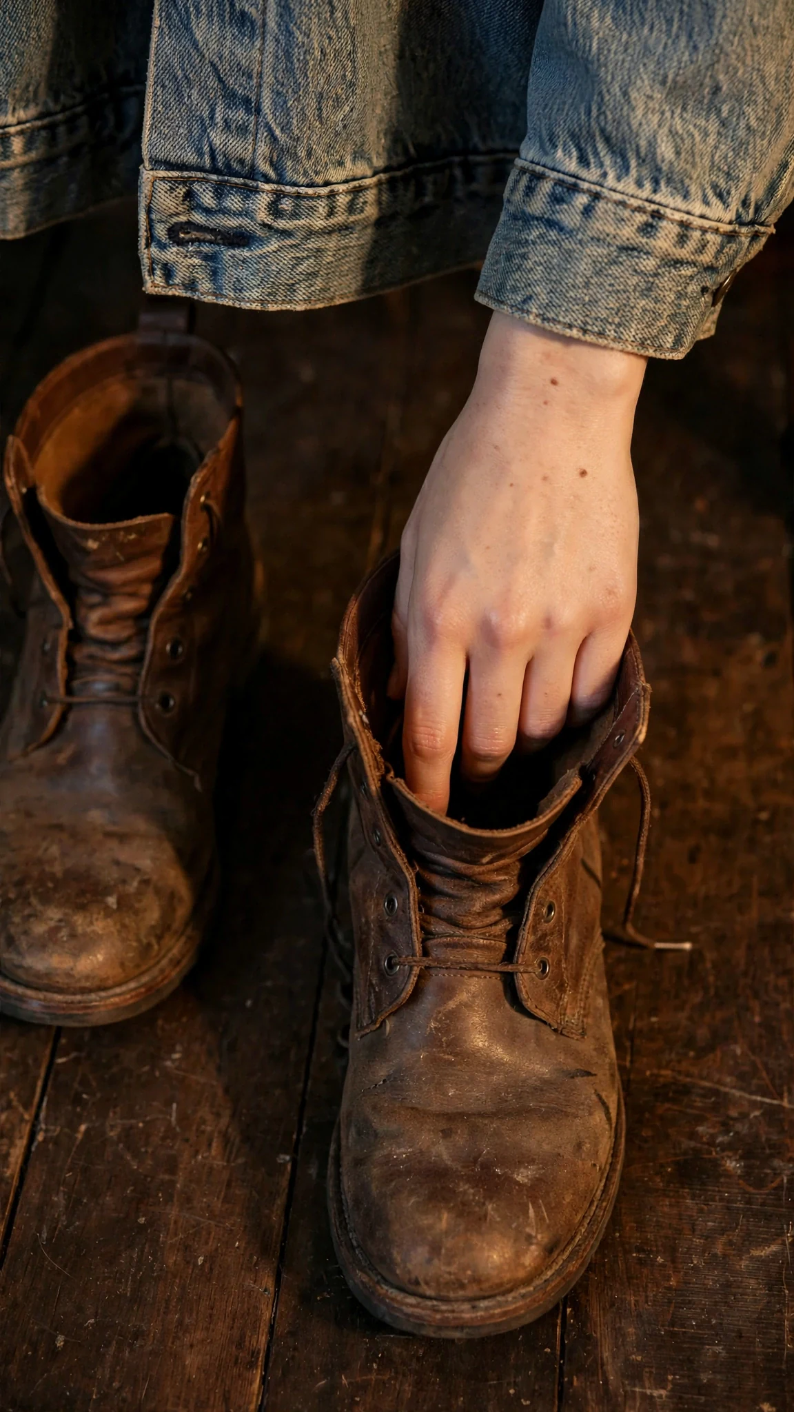 Maeve looks down at her own boots on the study floor.