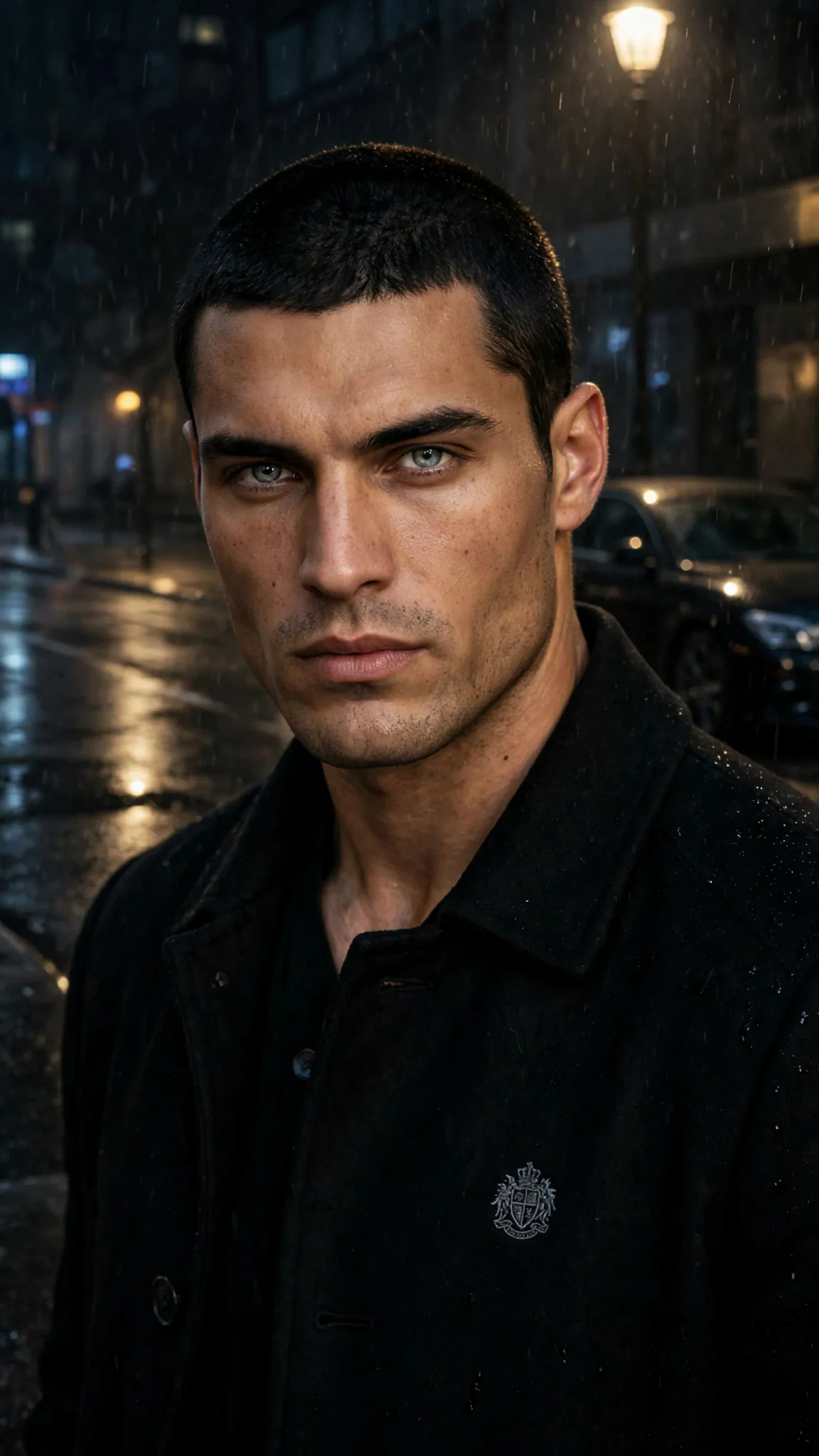 A memory image of a tall man standing under a streetlight at night, pale gray eyes catching the light.