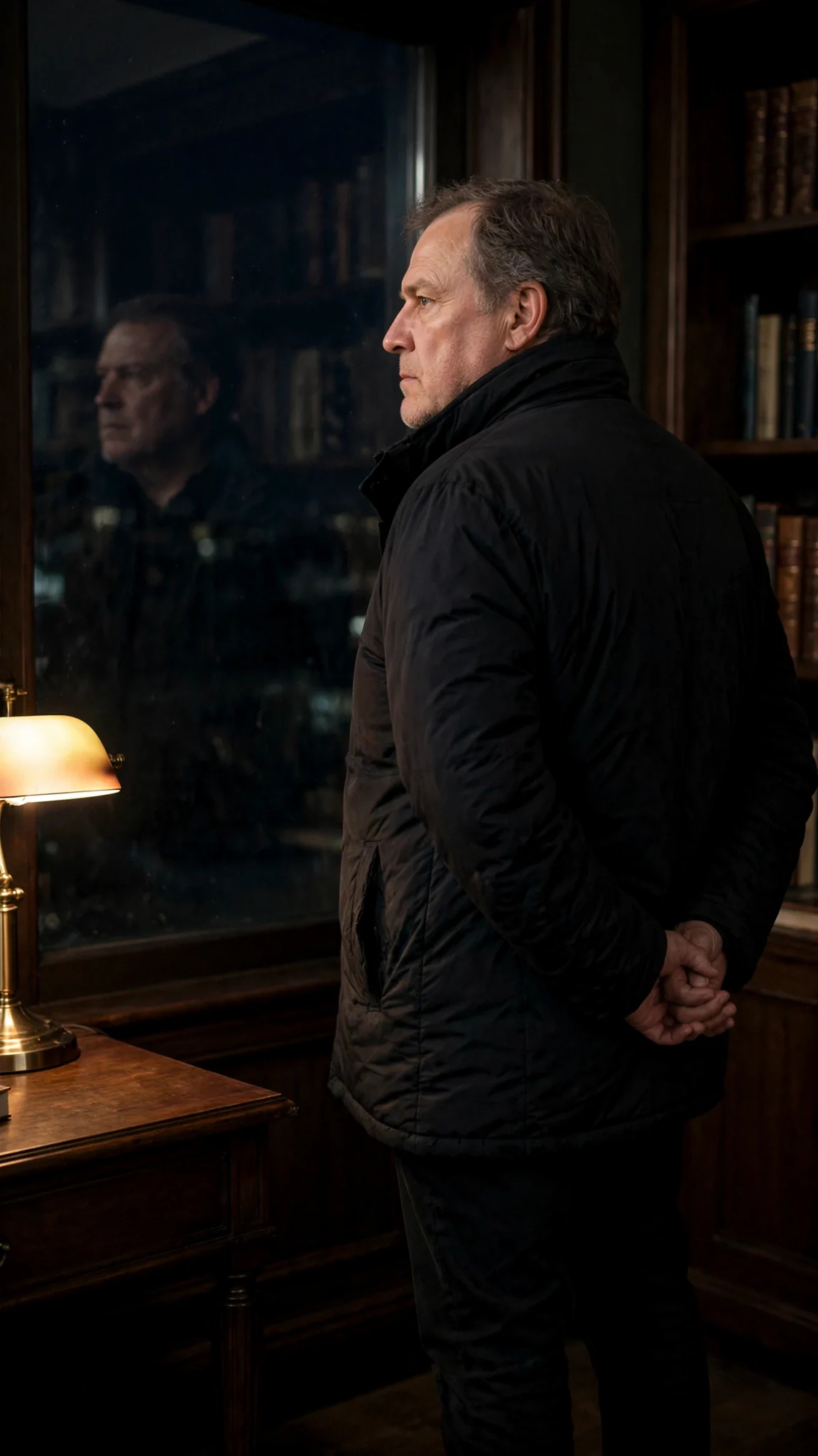 Roderick turns away toward the window, hands clasped behind his back.