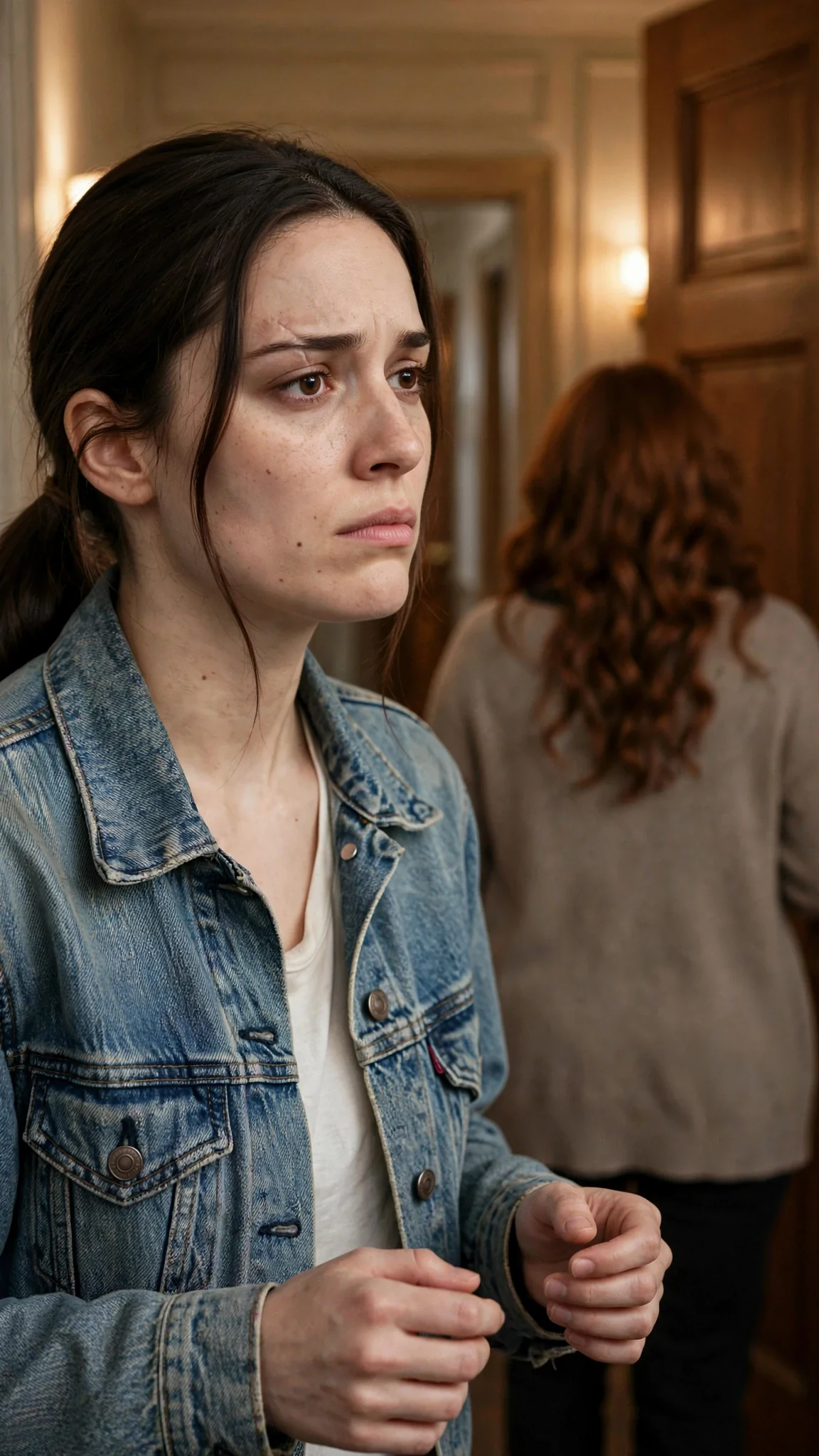 Maeve stands in the hall outside the study, hands shaking, Perrin turned away nearby.