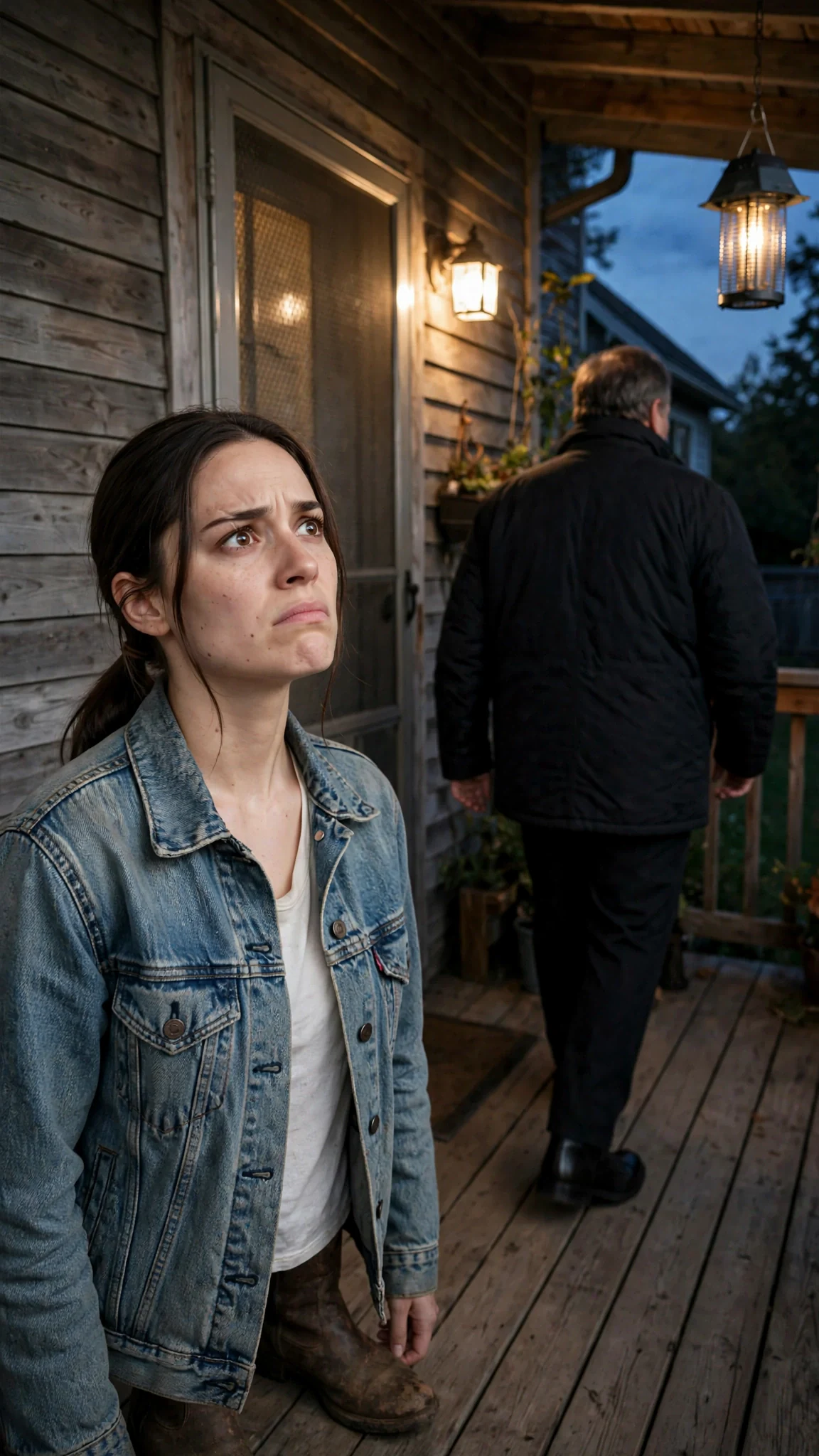 A young woman in a denim jacket follows a broad gray-haired man across a back porch at dusk.