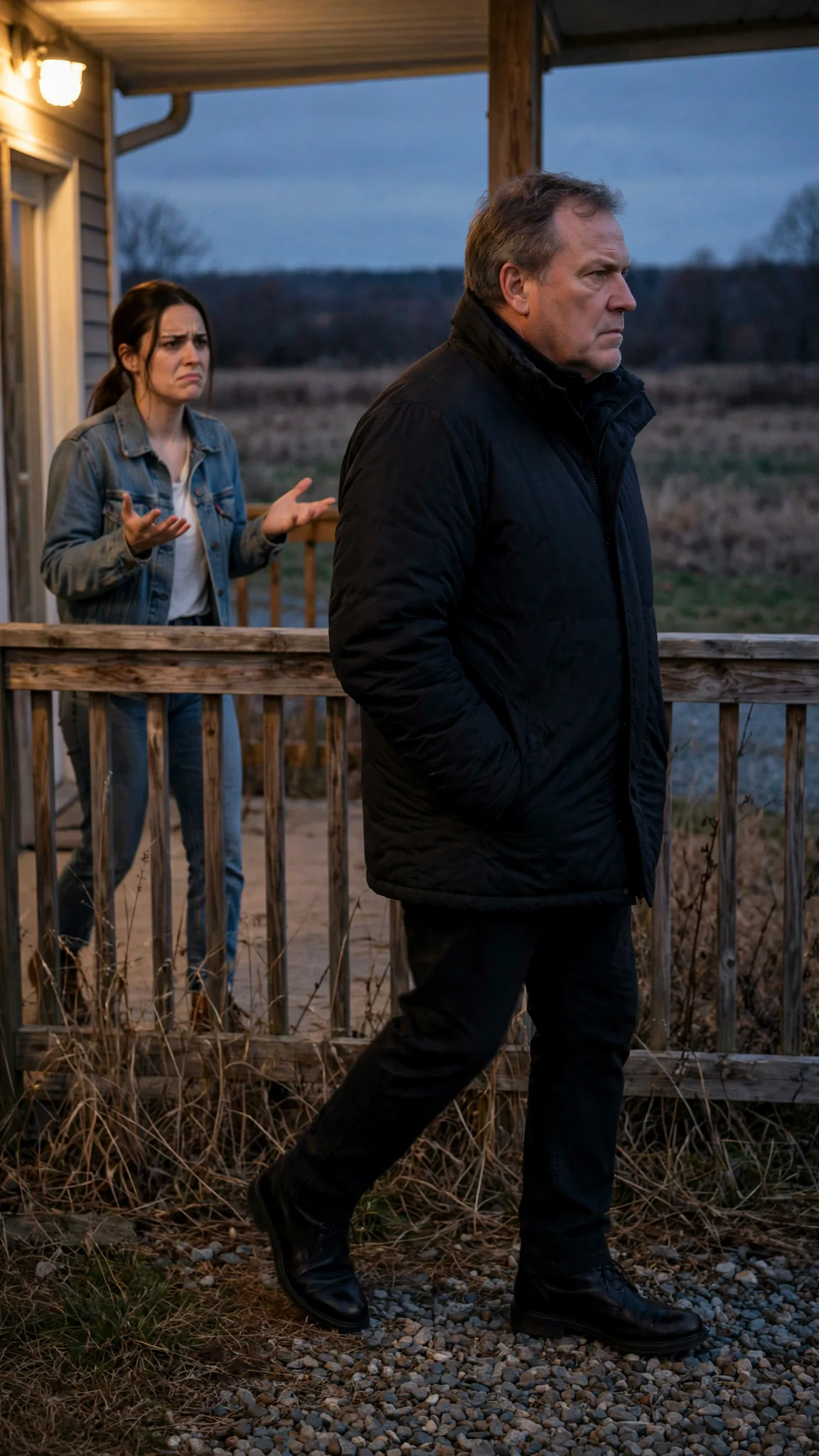The young woman walks behind the older man along the porch railing, pleading with her hands out.