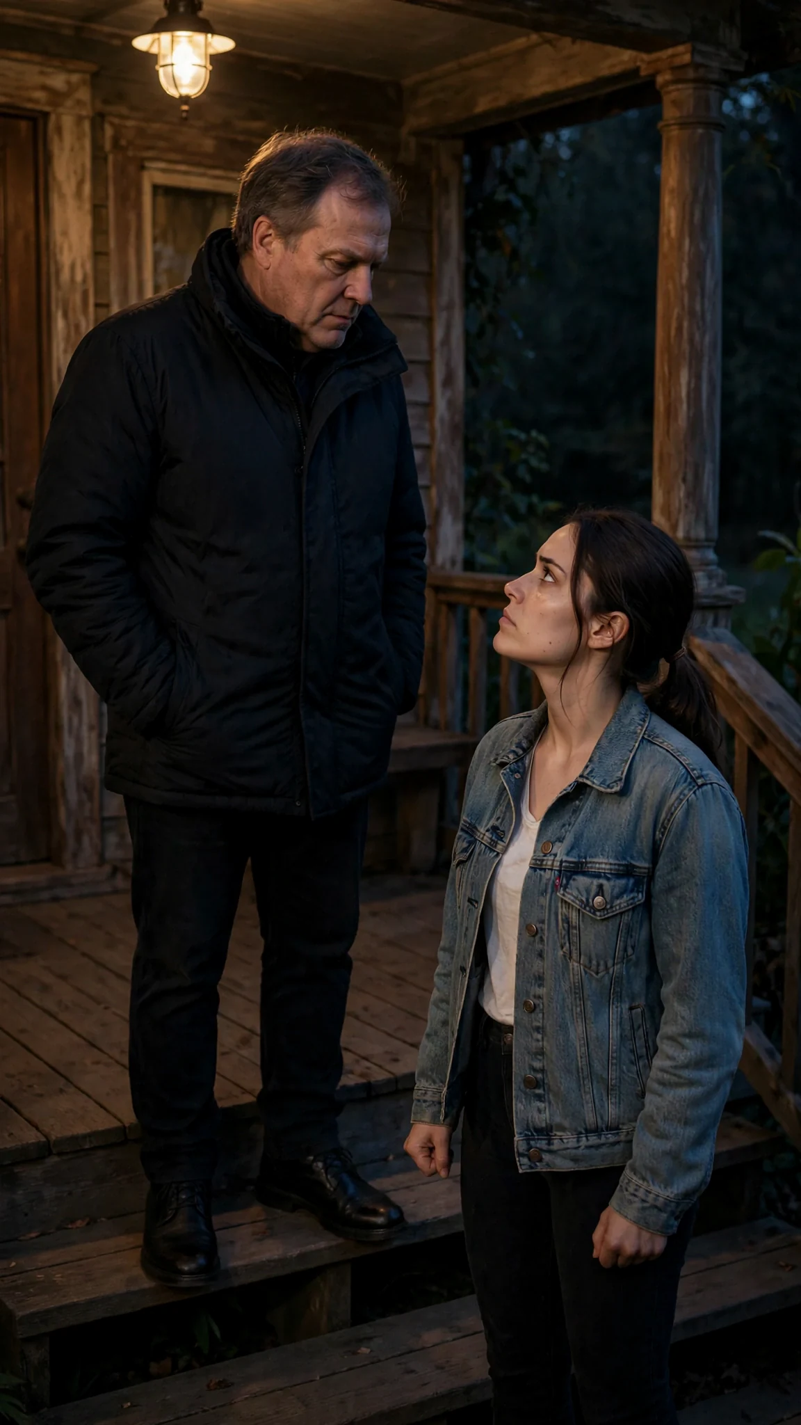 The older man turns on the porch steps, gray eyes flat, speaking down to the young woman.