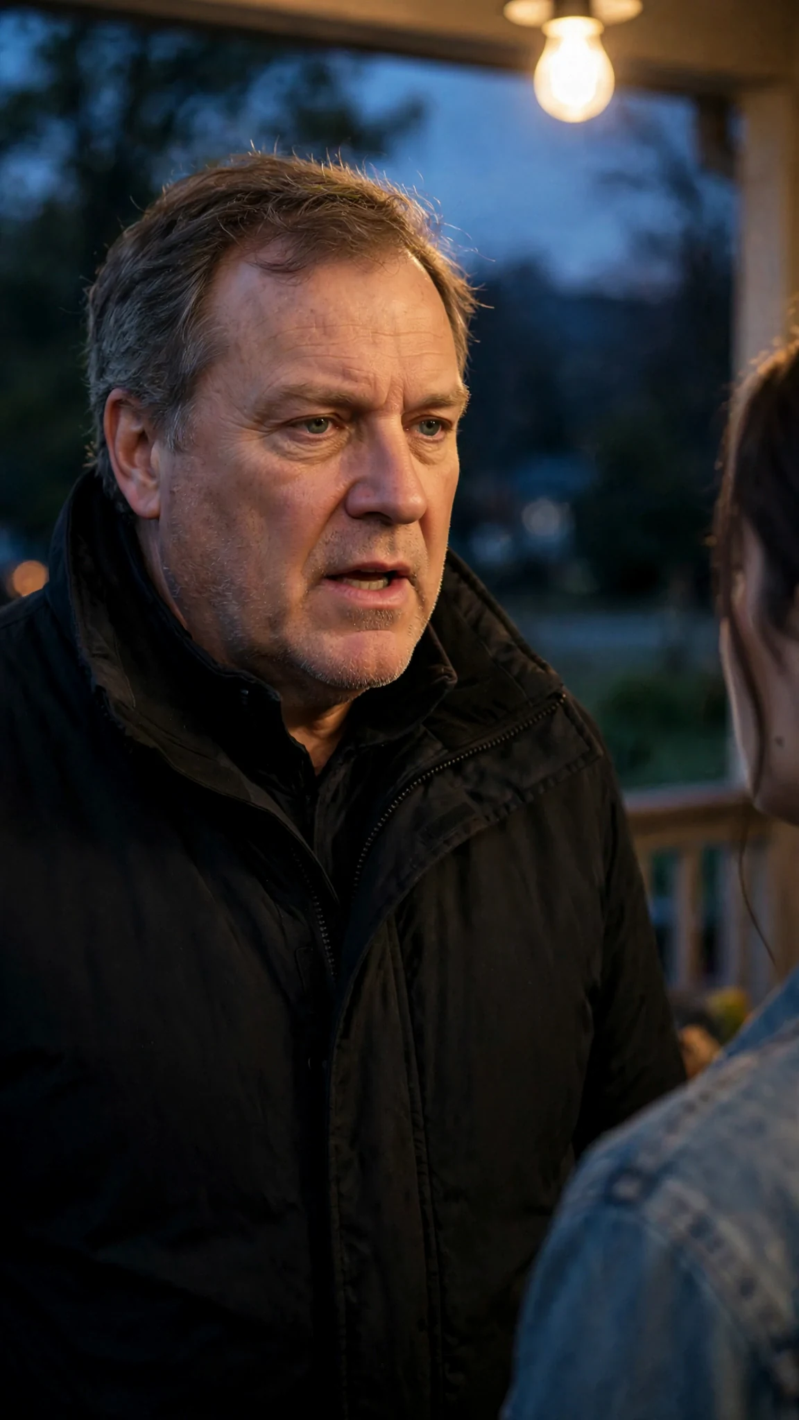 Close view of the older man explaining, jaw tight, while the younger woman listens.