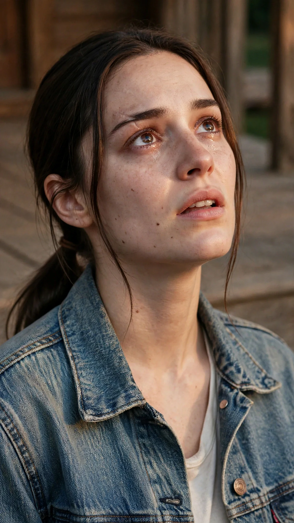 The young woman looks up at her father, voice small, eyes bright with hurt.