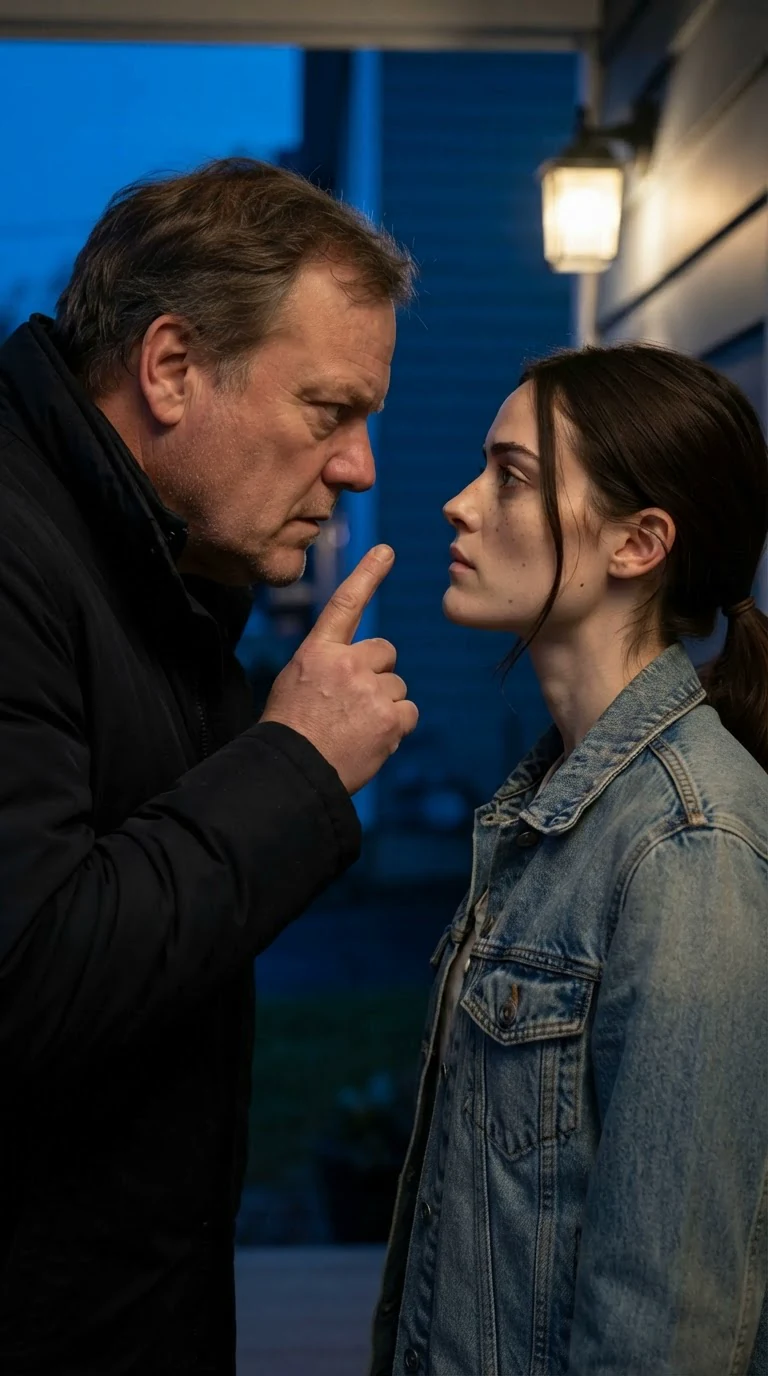 The older man leans in close, pointing, giving orders while the young woman refuses to flinch.