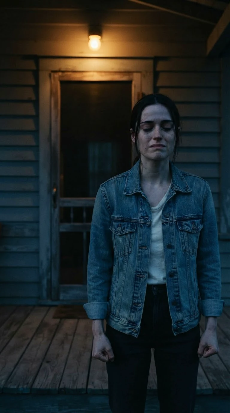 The young woman stands alone on the porch as the screen door closes behind her.