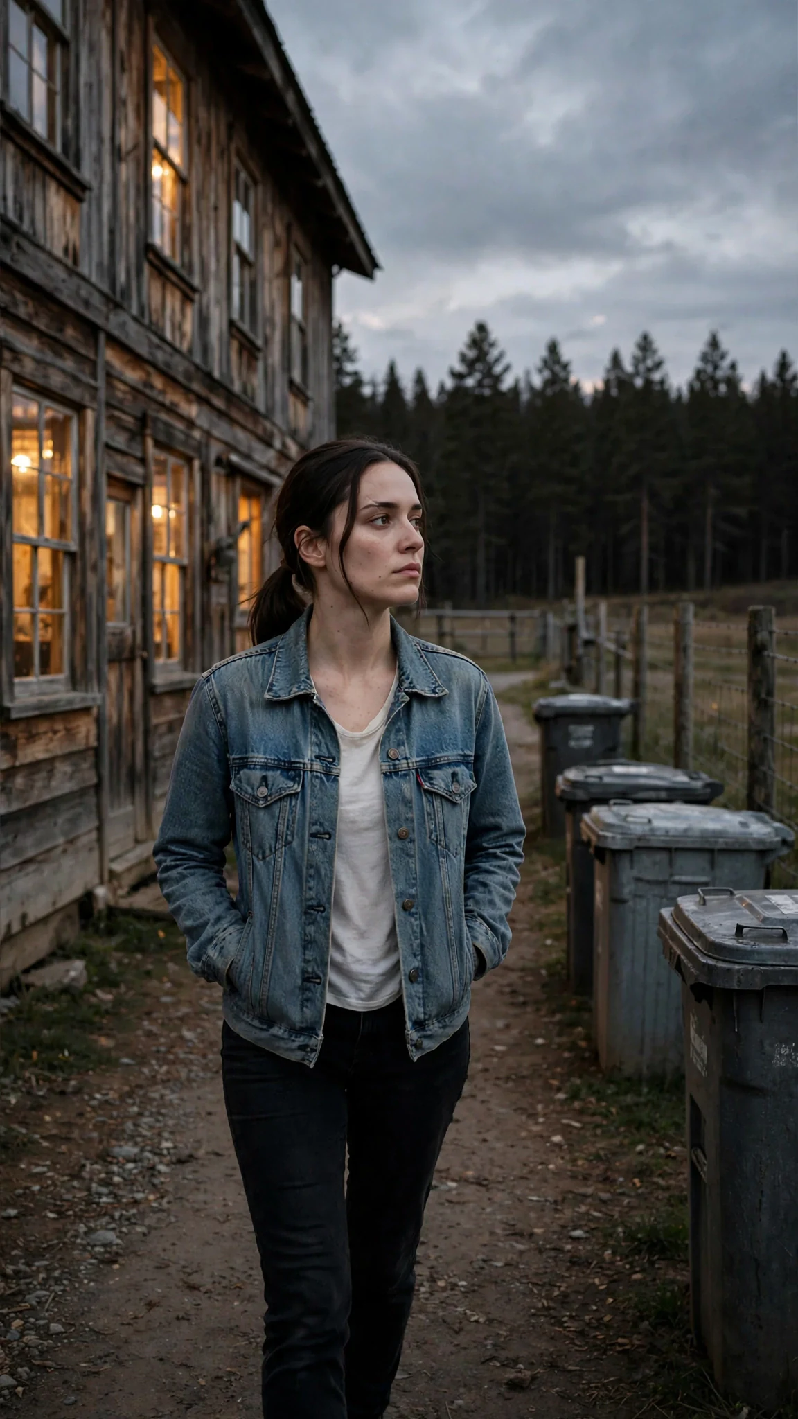 The young woman walks around the side of the pack house past bins, toward dark trees.