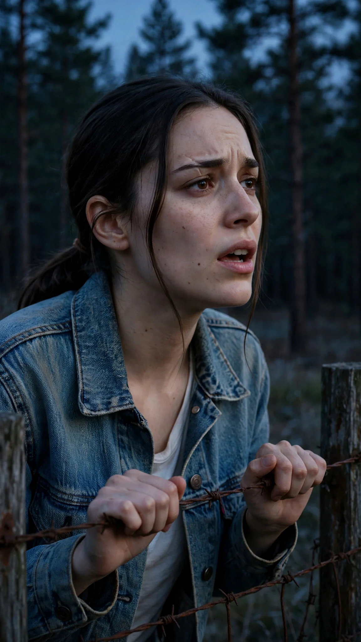The young woman leans on a wire fence facing dark pine trees, talking to herself.
