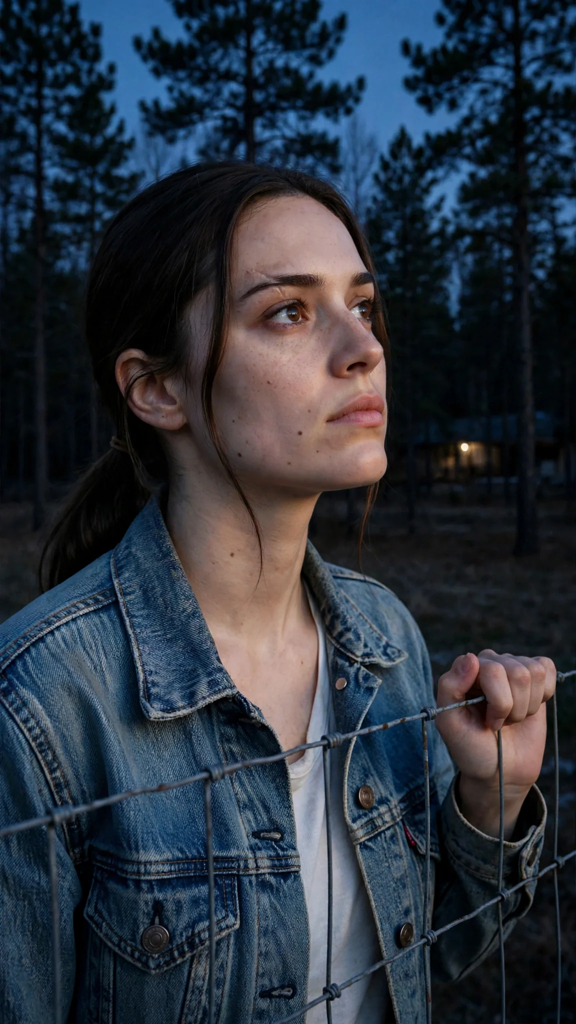 The woman straightens at the fence, listening, as the dark treeline goes silent.