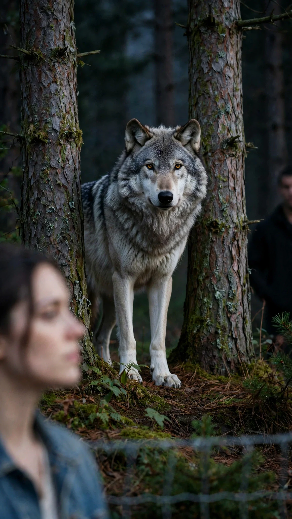 A huge pale-eyed wolf stands between two pine trunks, watching the woman at the fence.