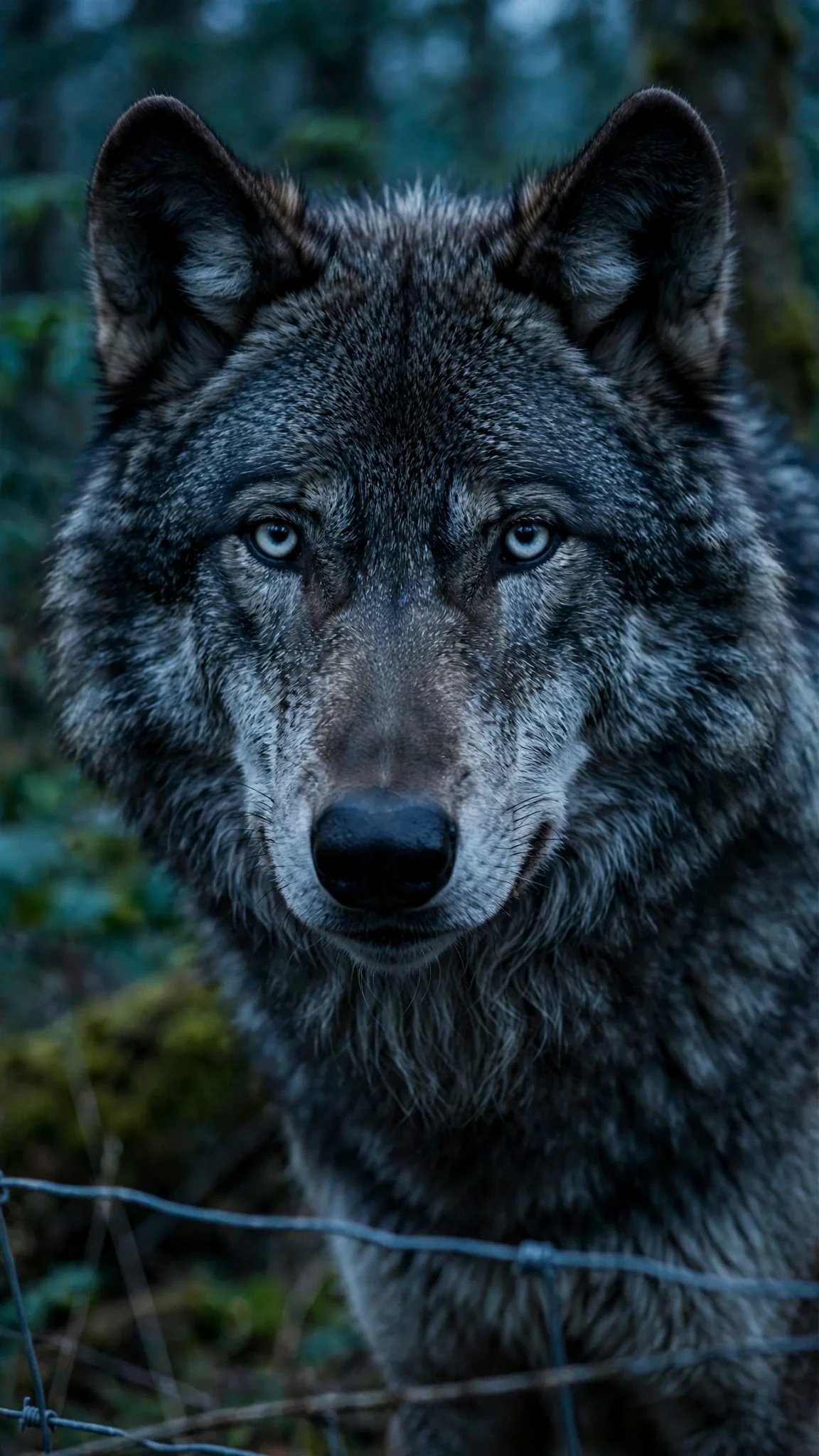 Close view of the wolf's silver eyes fixed on the woman through the fence wire.
