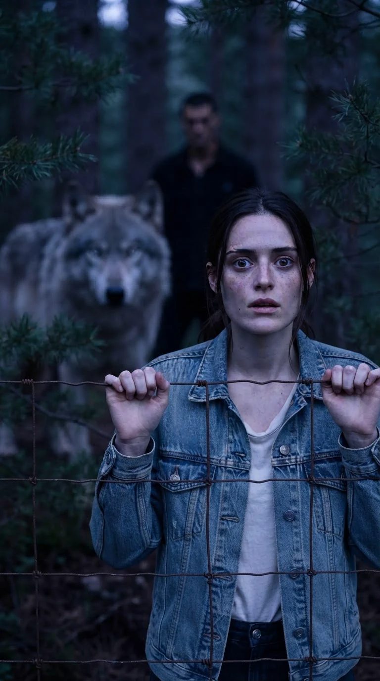 The woman grips the fence, frozen, staring at the wolf with dawning dread.