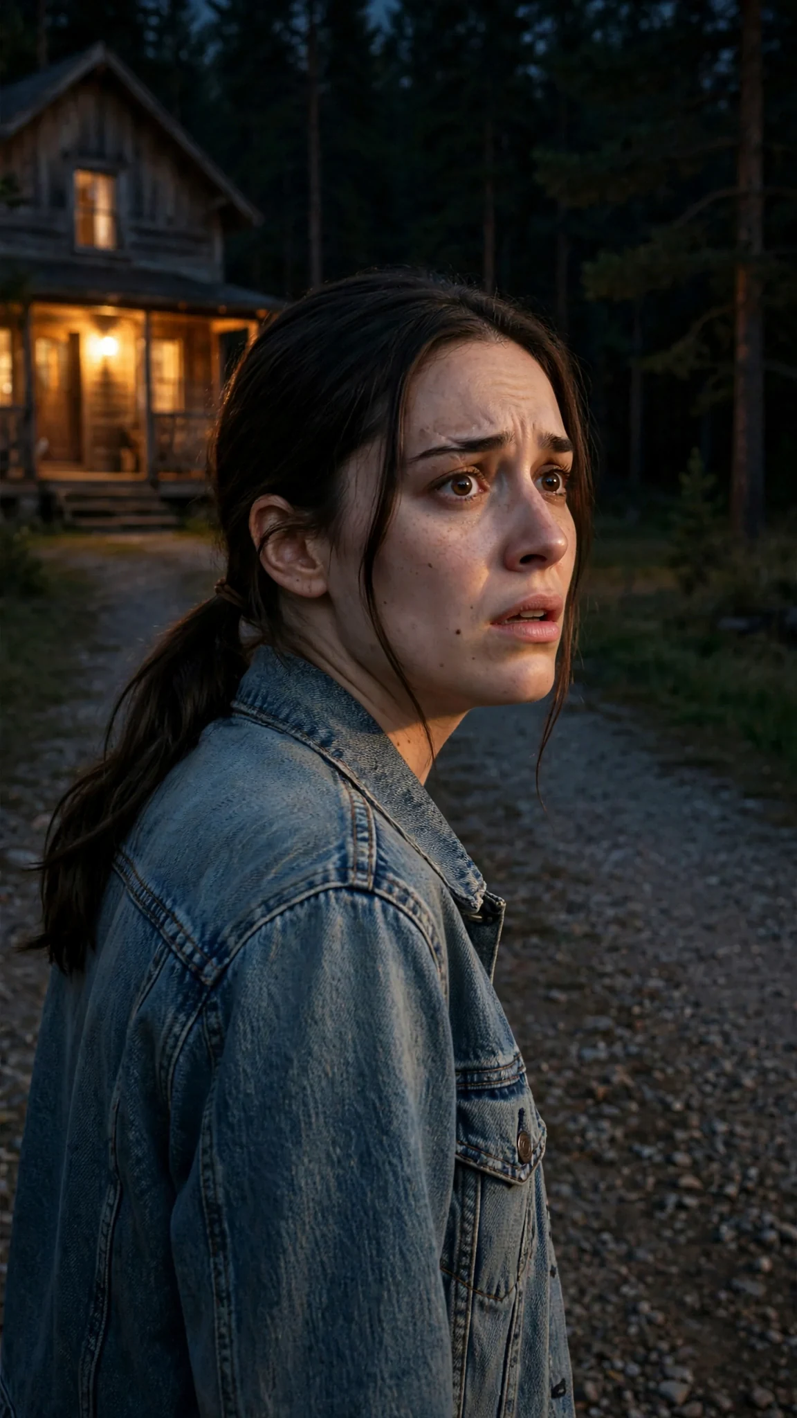 The woman hurries up the gravel drive toward the glowing porch, looking back over her shoulder.