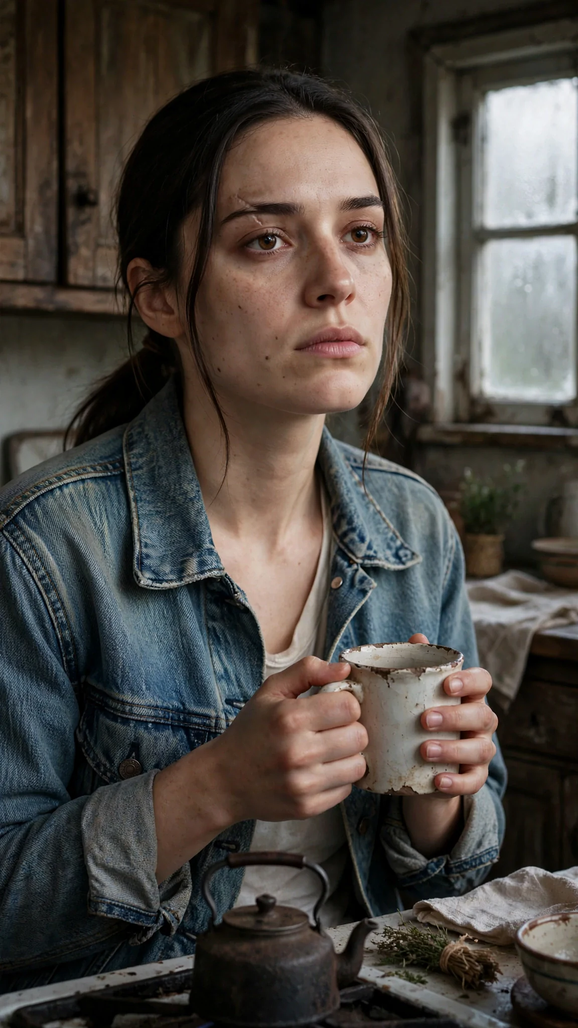 A young woman in a faded denim jacket stands alone in an old pack kitchen at dawn, holding a chipped mug.