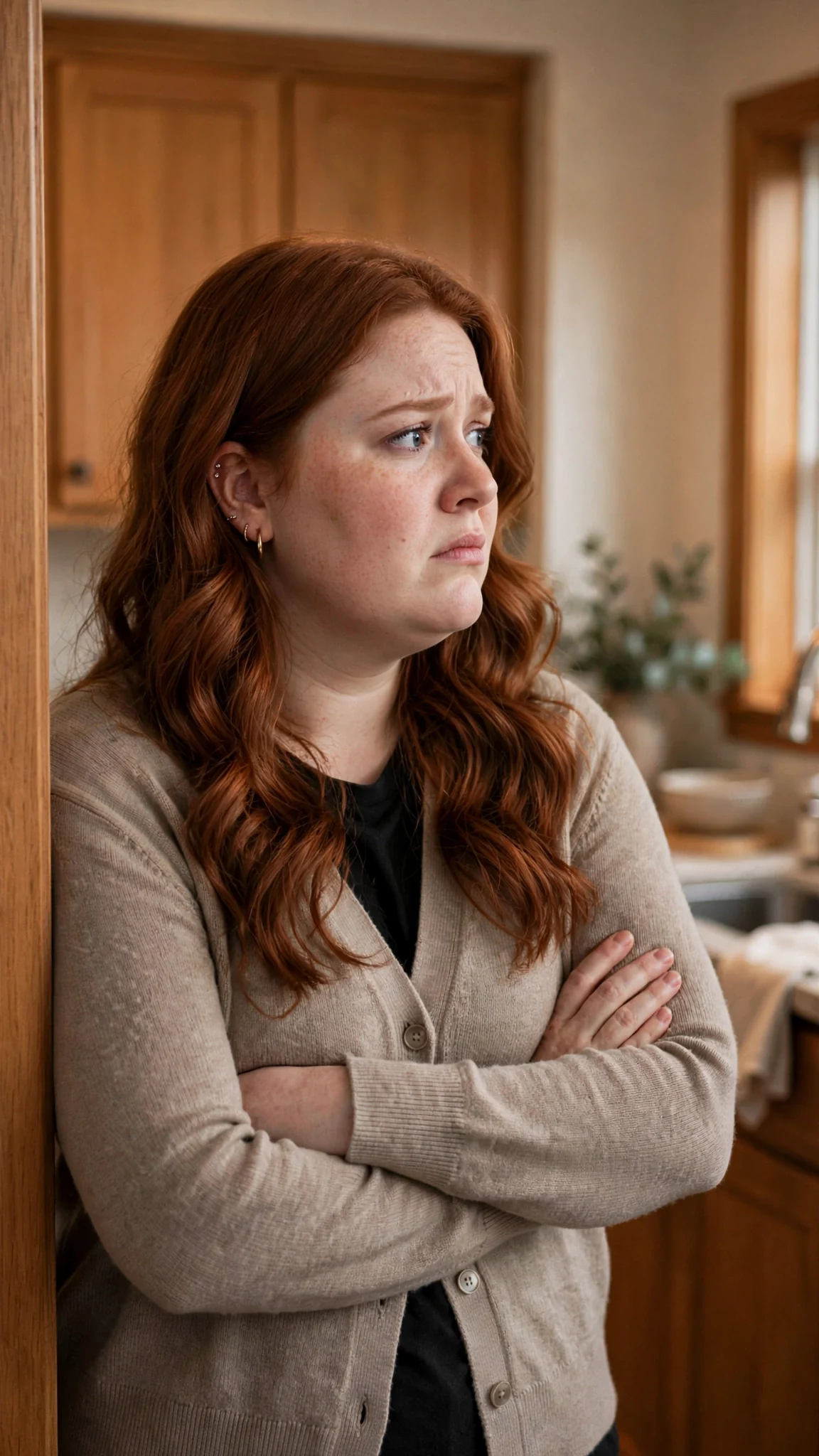 An anxious young woman in a neat cardigan appears in the kitchen doorway.