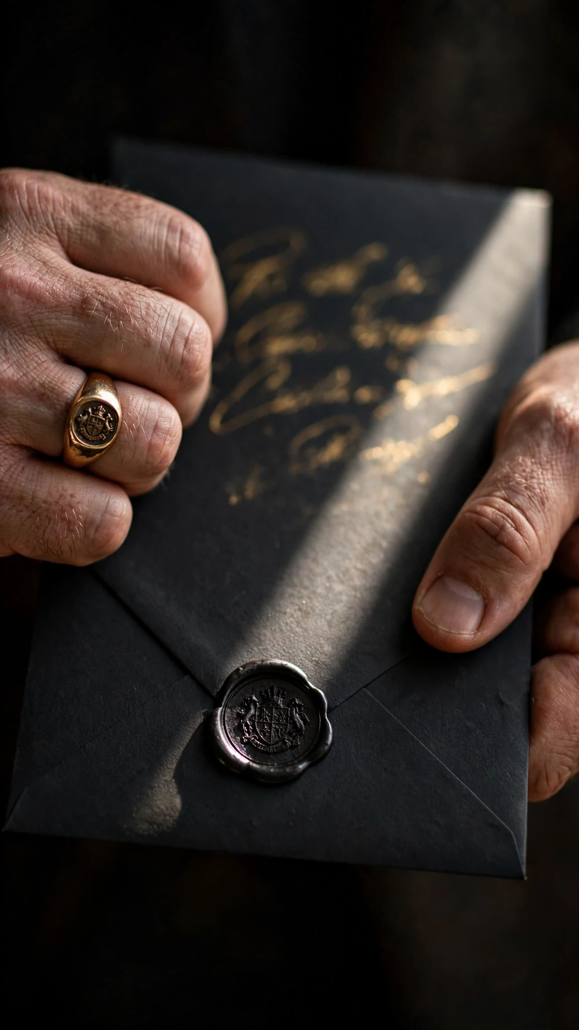 Close view of a thick black envelope with gold script across the front and a wax seal stamped with a crest.