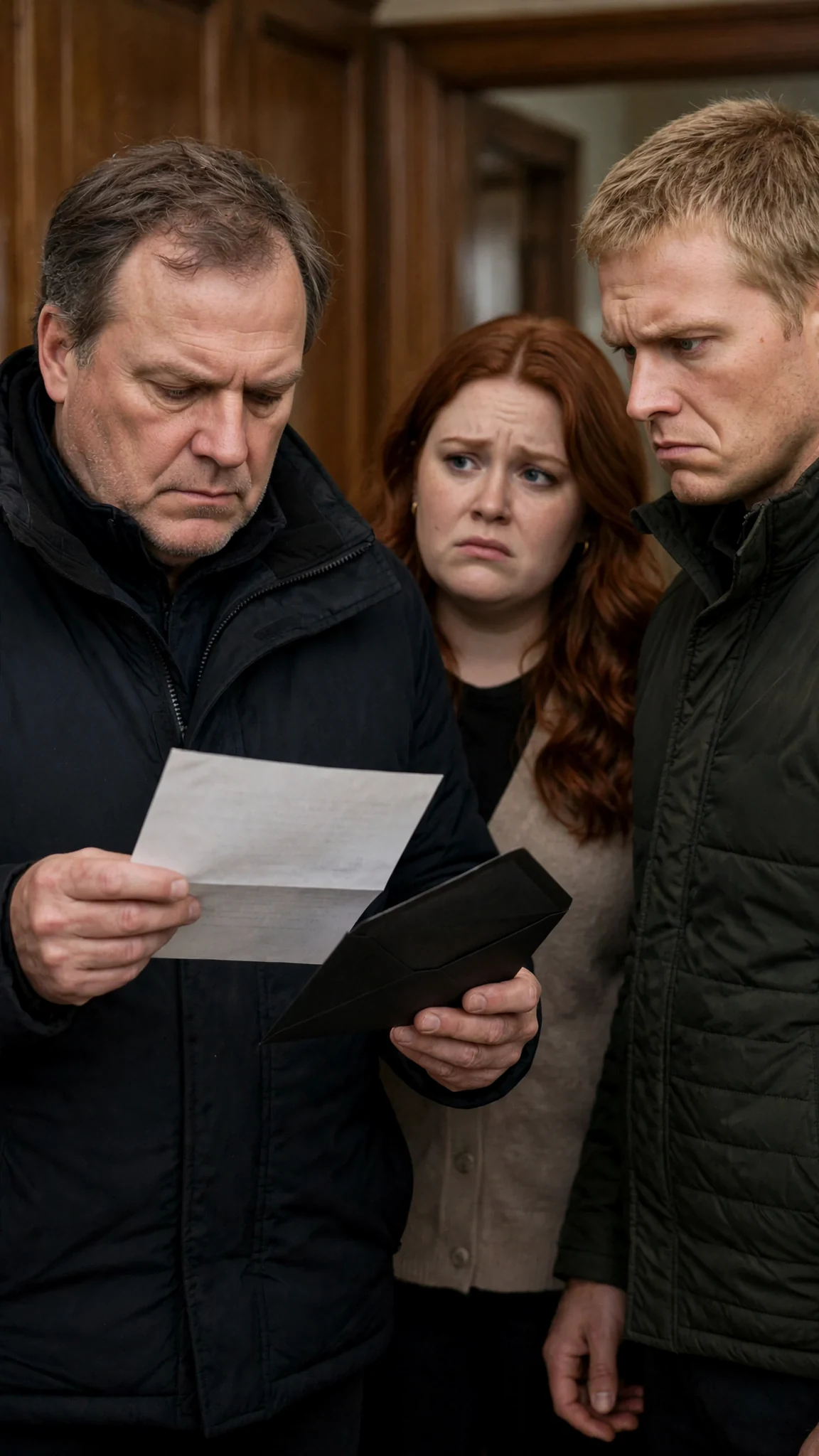 The older man reads a letter aloud in the hall, the other two watching him.