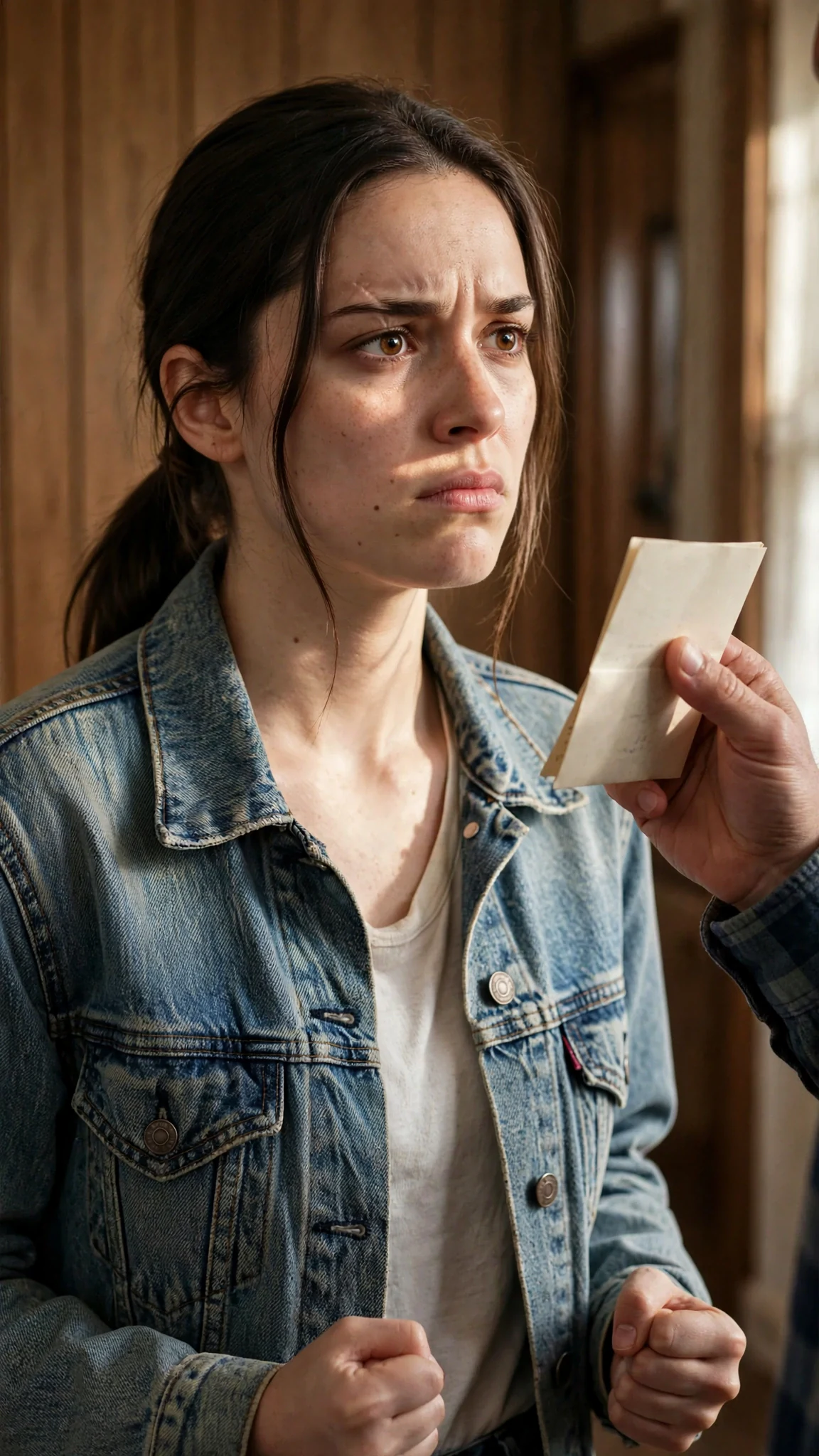 The young woman in the denim jacket stares at the letter, jaw tight, in the hall.