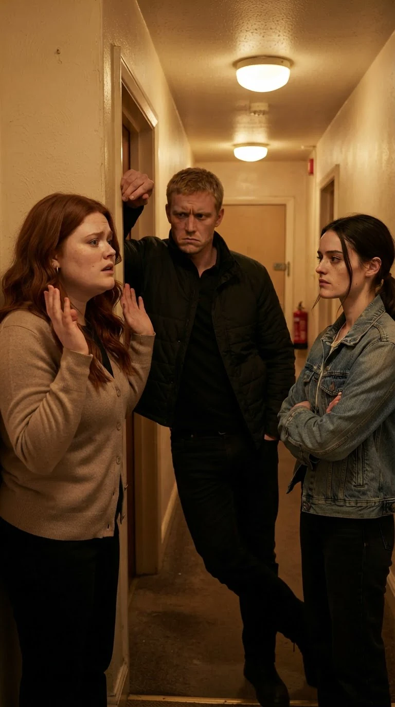 The anxious woman speaks quickly while the guard leans against the doorframe, unconcerned.