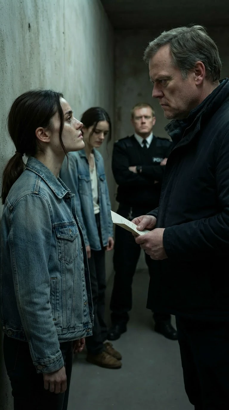 The young woman faces her father across the hall, chin up, the guard and sister behind them.
