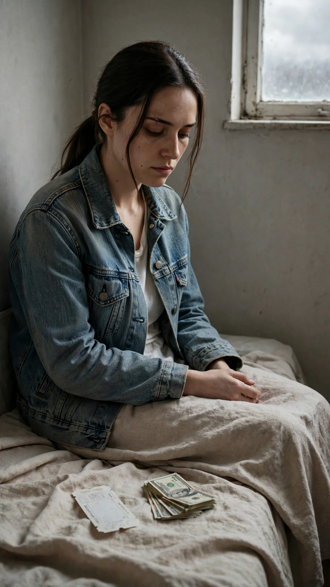 The young woman sits on the edge of a narrow bed with a bus ticket and folded bills laid out beside her.