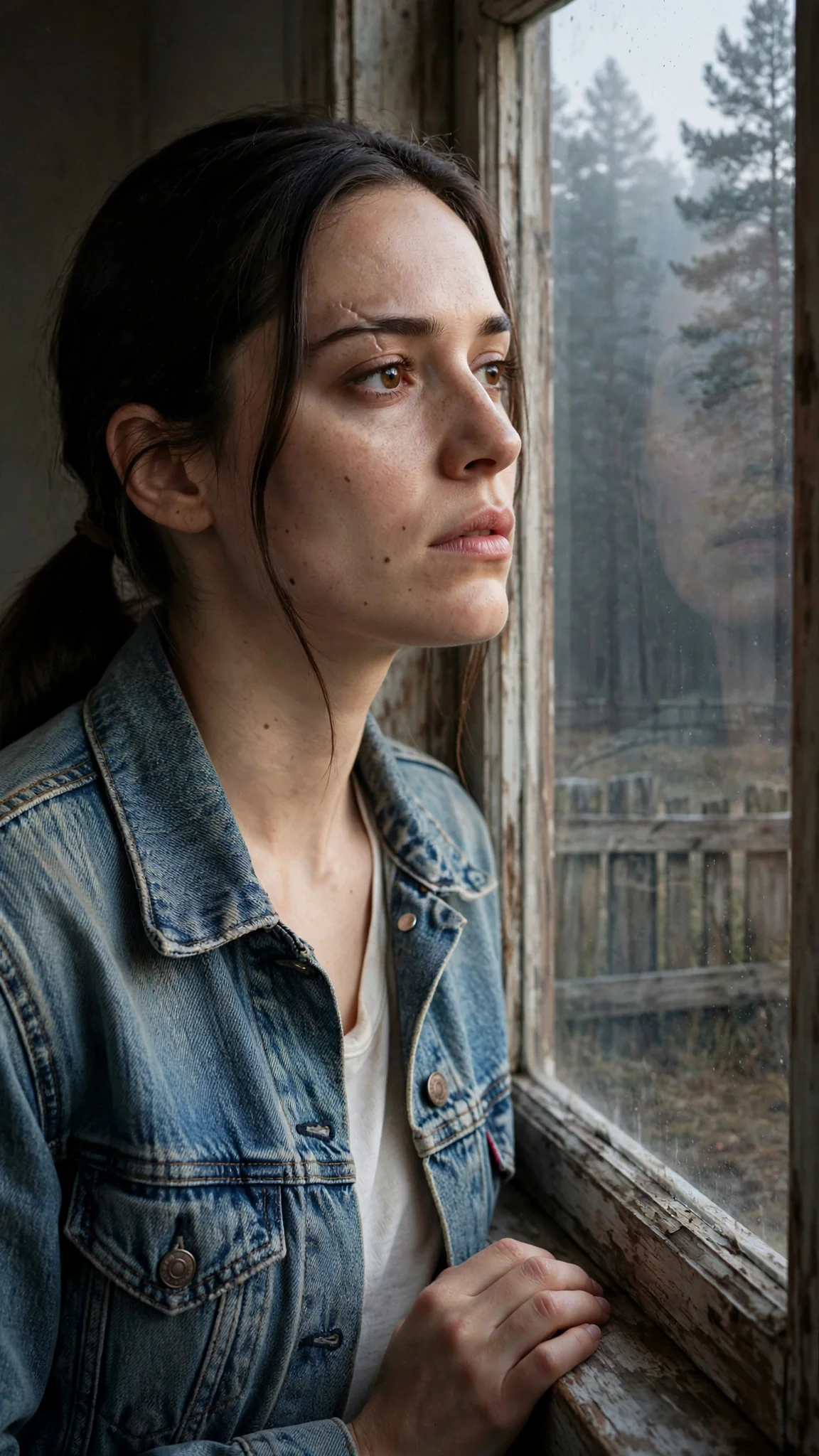 The young woman looks out a small window past a low fence toward dark pines.