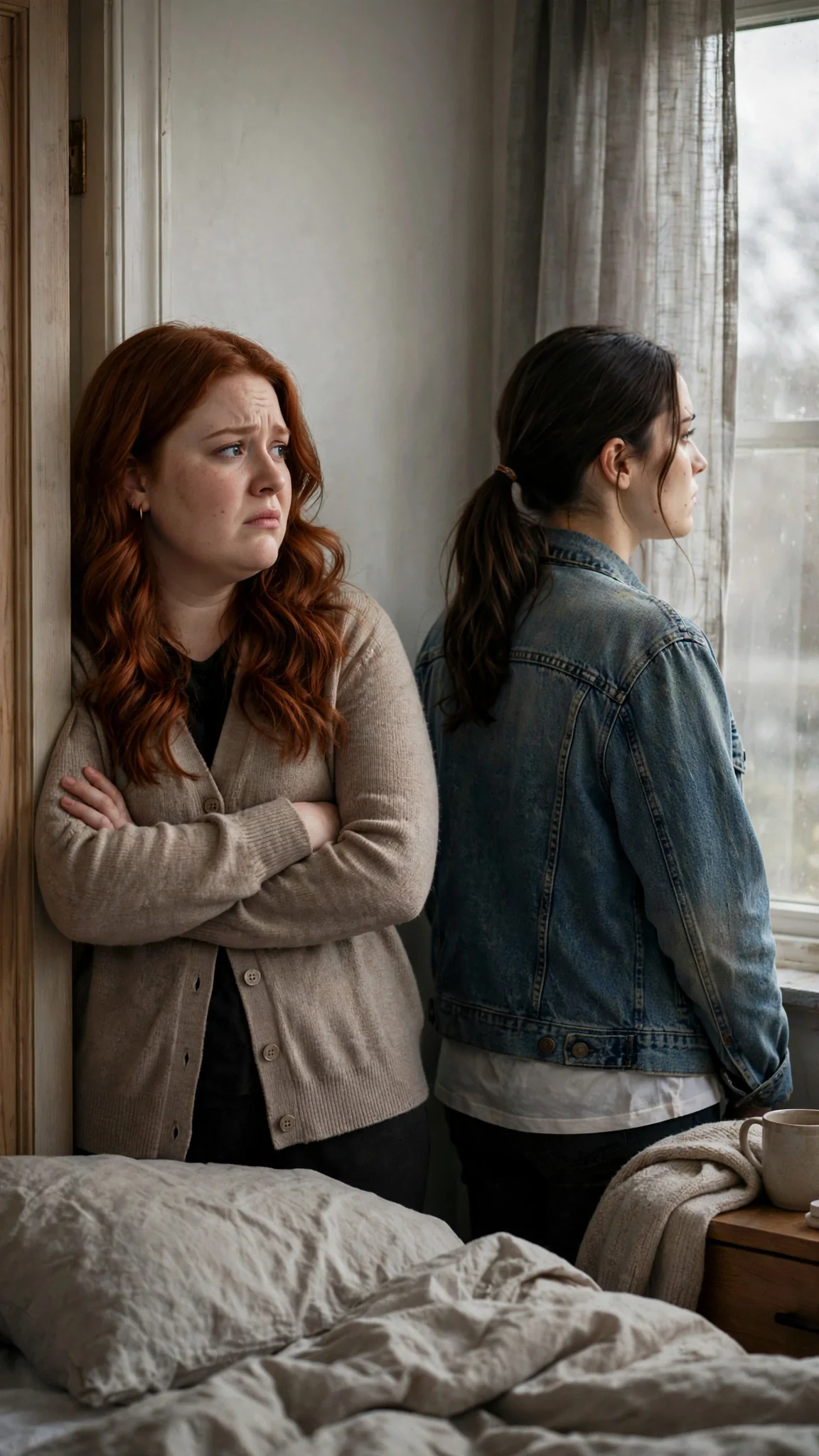 The anxious sister leans in the bedroom doorway, hugging herself.