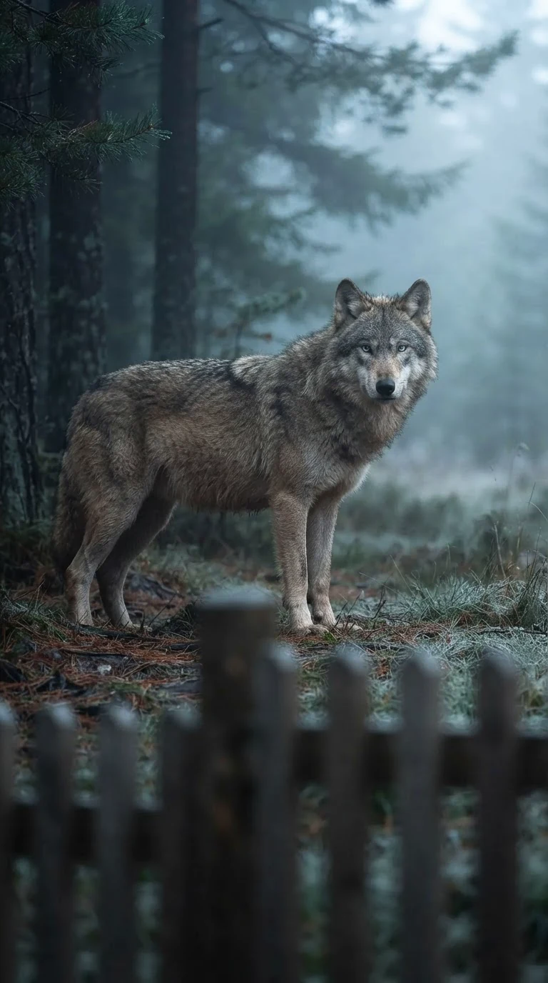 A large gray wolf with pale silver eyes stands at the edge of dark pines, watching.