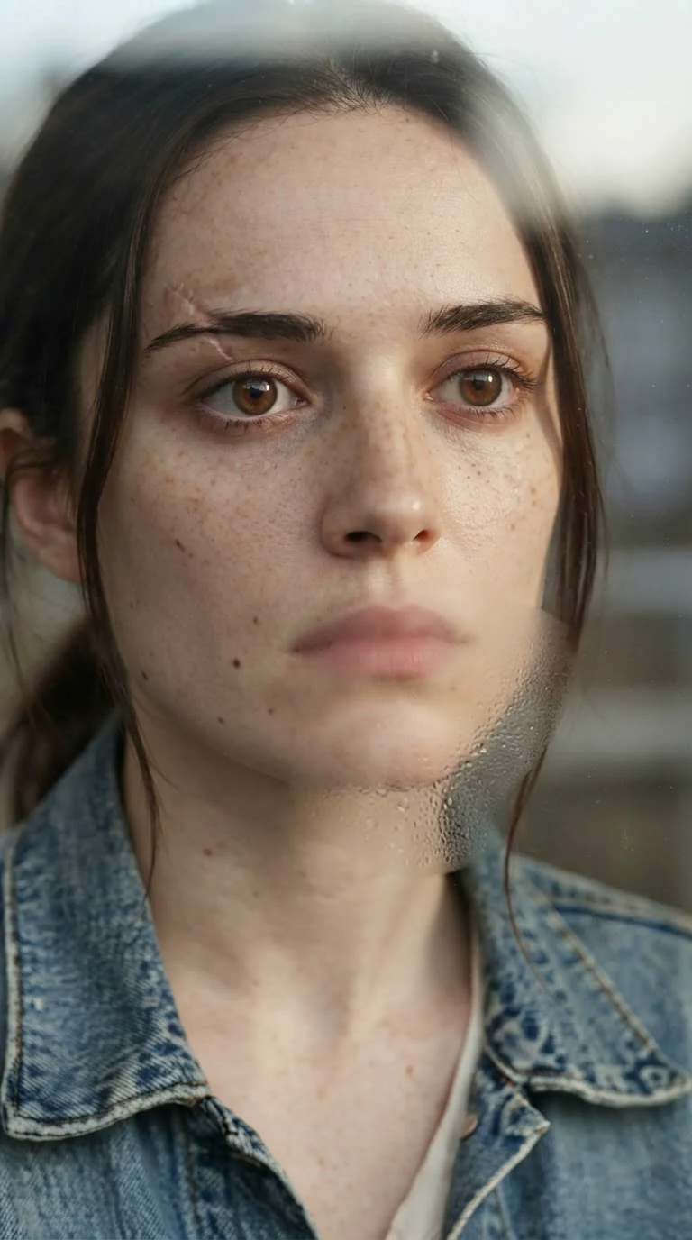 The young woman's face close to the window glass, breath fogging it, eyes wide.