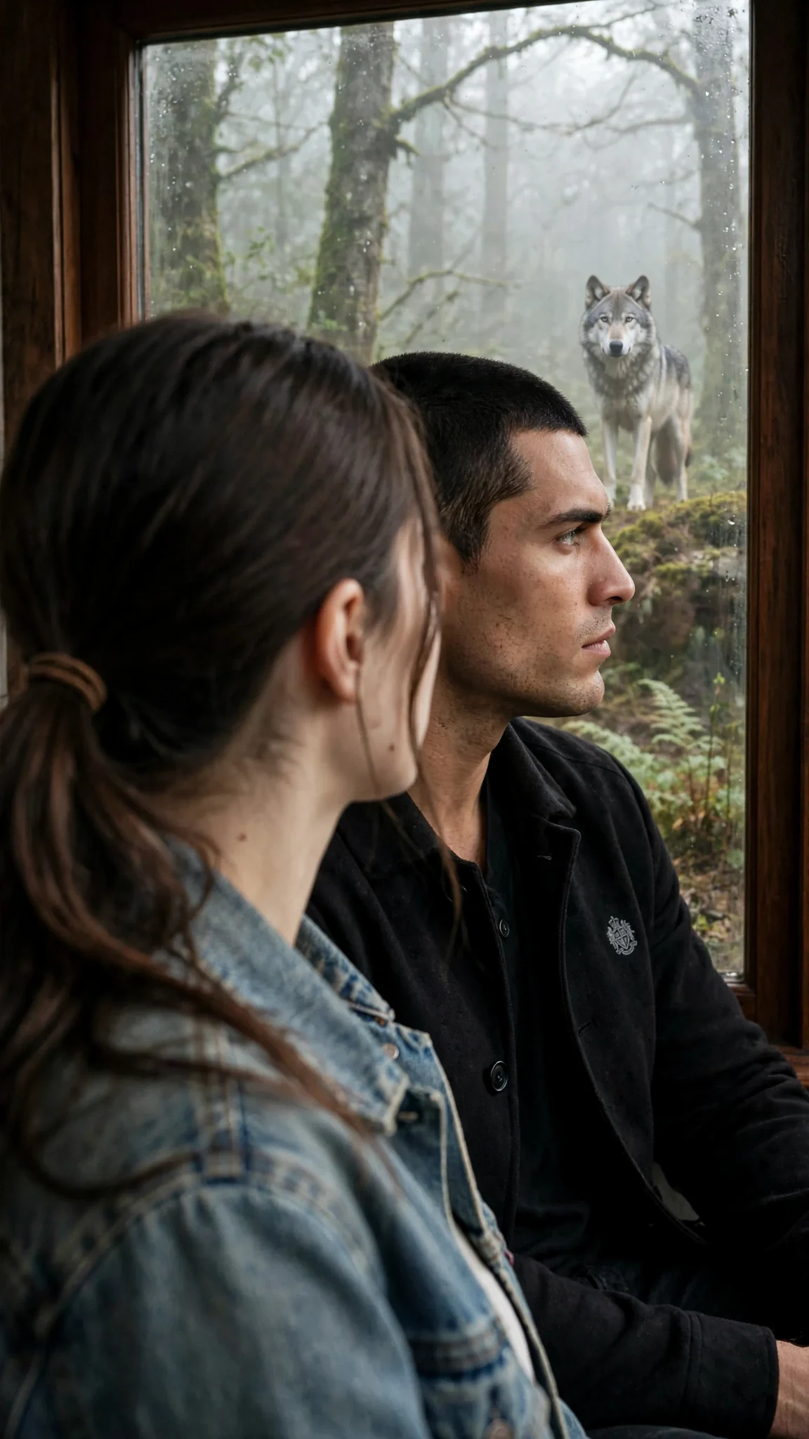 The wolf still watching from the pines as the woman watches from the window.