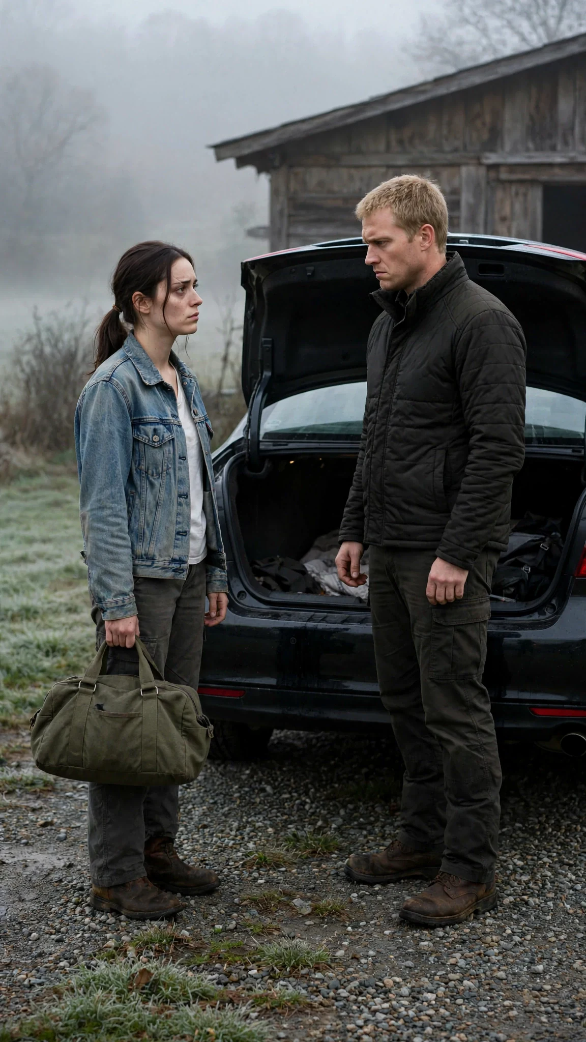 A black car idles in the gravel drive of the pack house before sunrise while Maeve stands with a duffel bag.