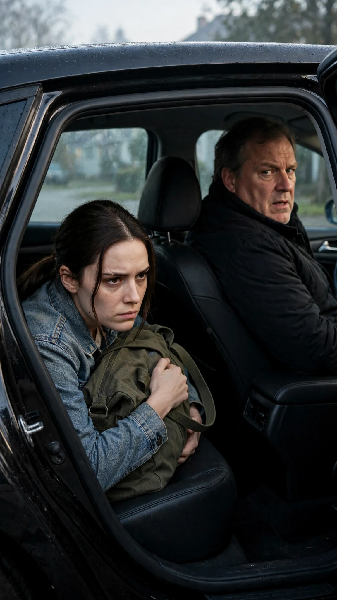Roderick in the driver's seat gives orders over his shoulder while Maeve climbs into the back.