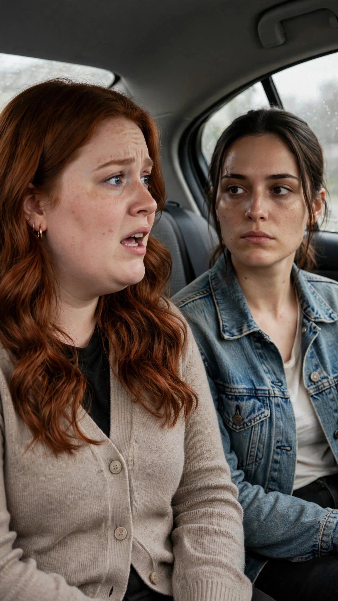 Perrin sits in the back seat of the car already talking, auburn hair pinned back, gold earrings catching the light.