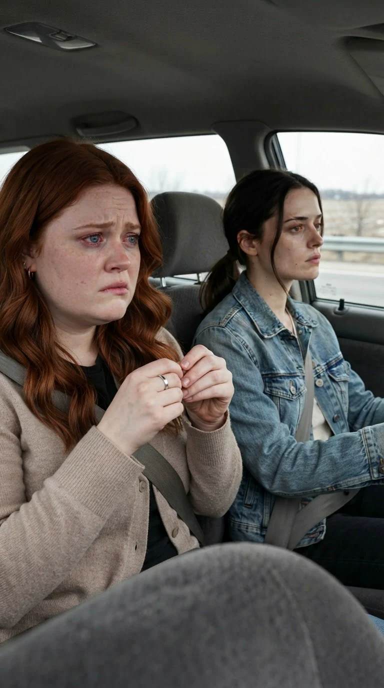 Perrin twists a ring on her finger while talking, and Maeve looks out the car window.